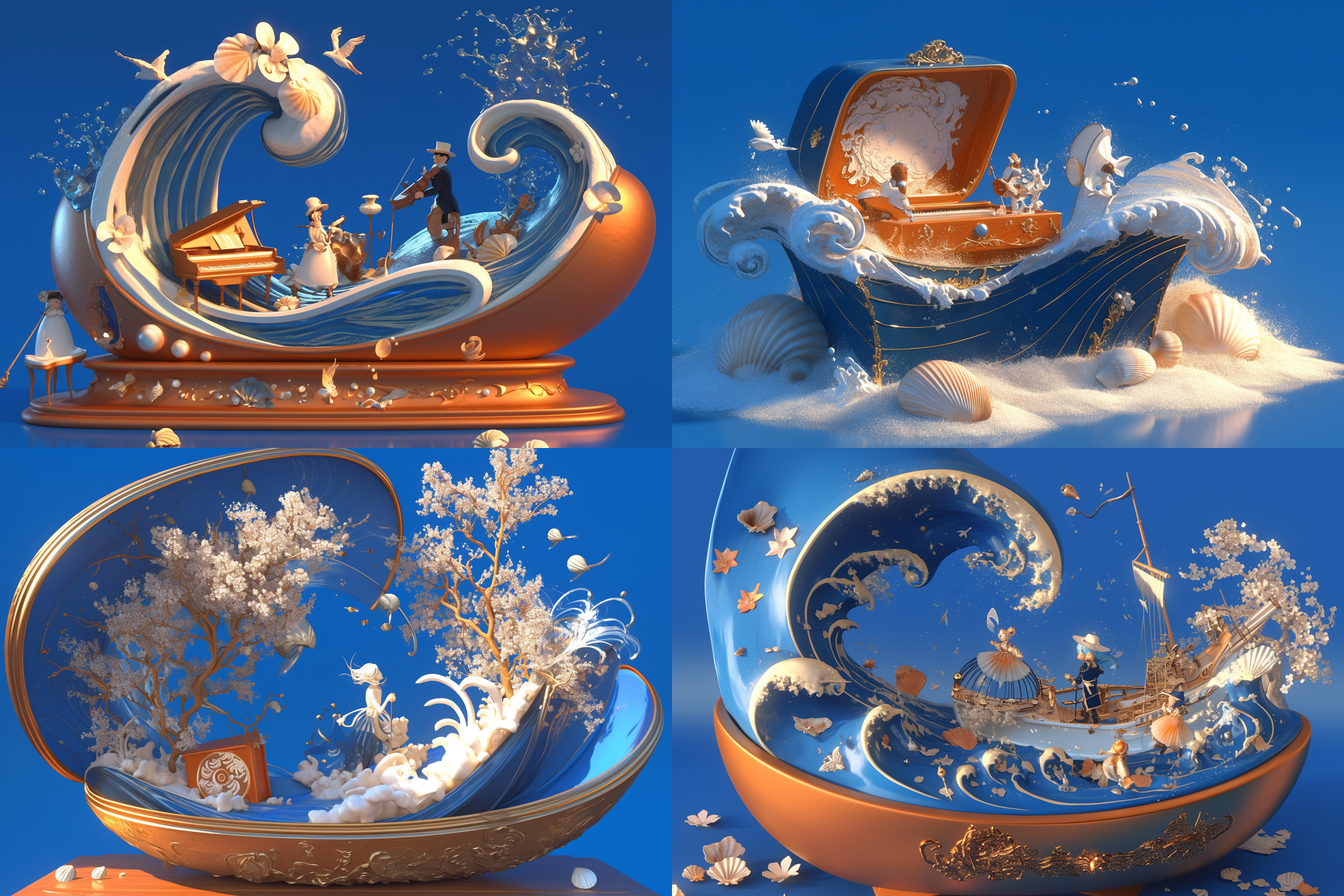 海浪旋律木制音乐盒，波浪形外观，天然木材，蓝色海洋纹理，精美海浪贝壳雕刻，微缩景观旋转，宁静海浪声，清新海洋气息，自然海洋风格，木质温暖，海洋元素，音乐盒，文创产品，海洋蓝色，波浪设计，海浪图案，贝壳装饰，音乐机芯，微缩景观，海洋气息，清新风格，自然融合，海洋主题，文创设计，海洋文化，音乐盒设计，海洋元素融合，海洋风格文创，海洋气息音乐盒。