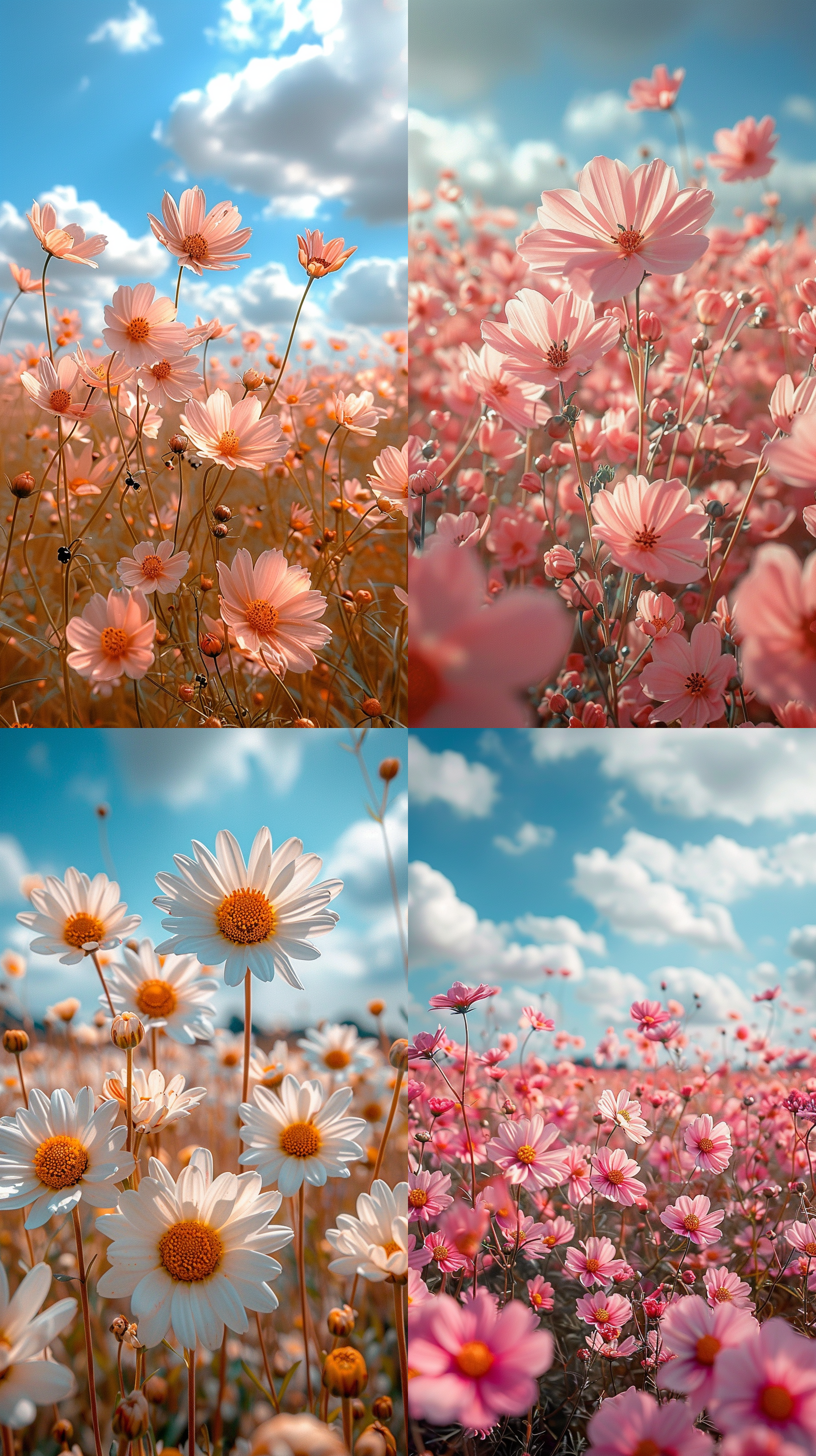 小菊花花海，阳光穿透，蓝天背景，广角镜头，自然光，鲜艳色彩，宁静氛围，远景构图，温暖色调，生机勃勃。