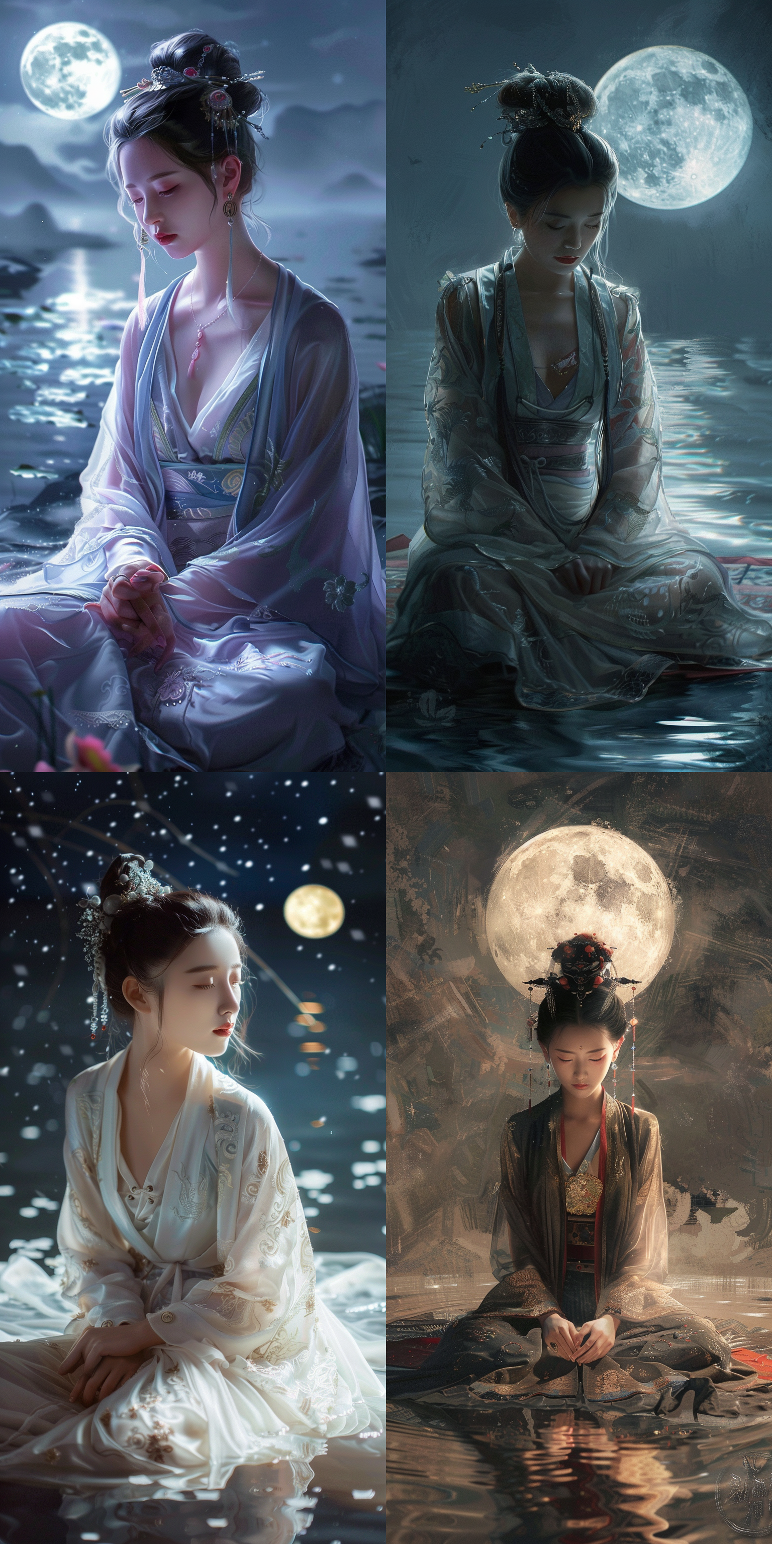 一个中国古代少女，绝美容貌，精致脸型，白皙肤色，发鬓，穿古装，中国风，全景透视，仙侠世界，柔光，正视图，清冷，月光，水面，坐着