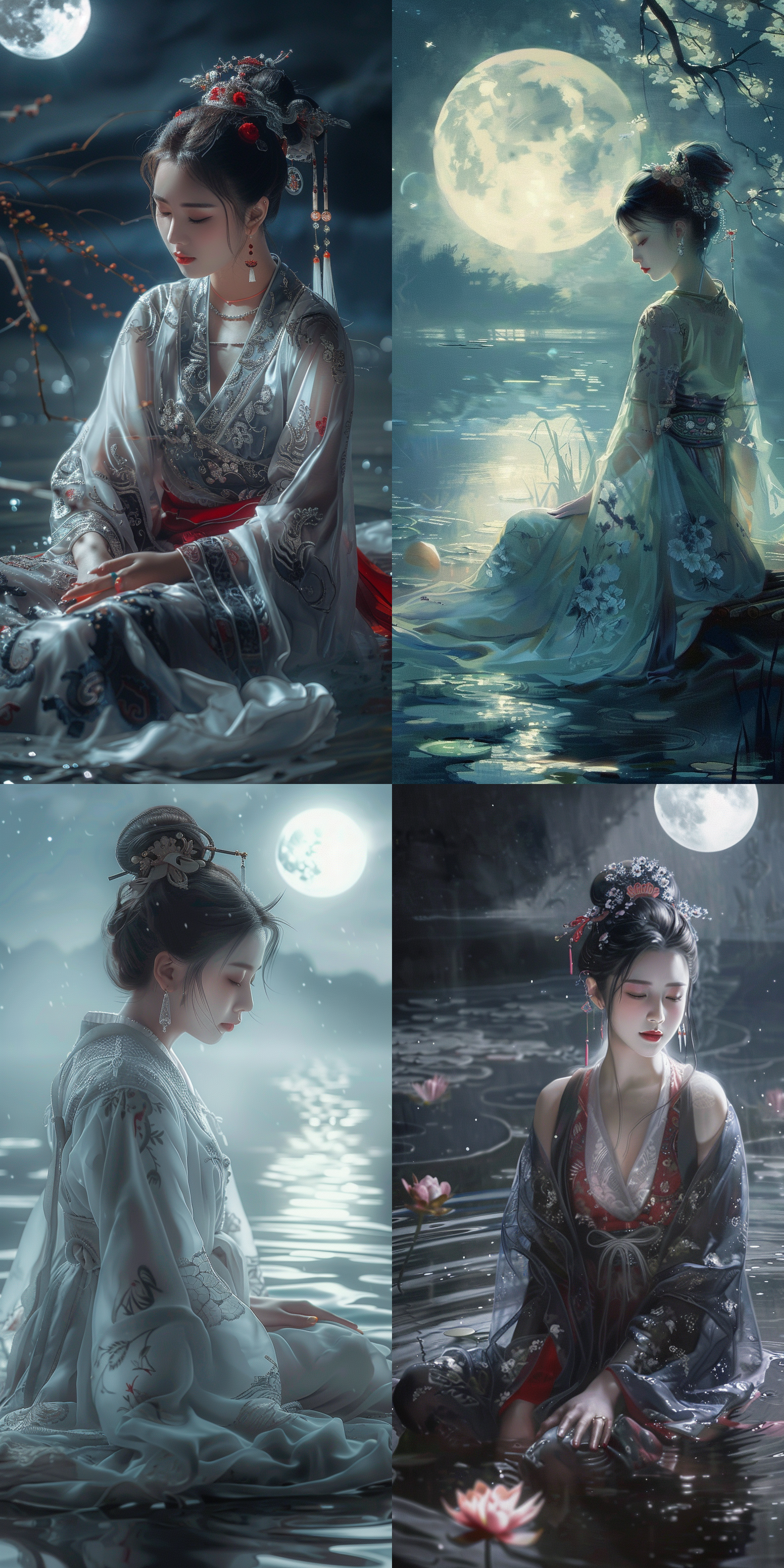 一个中国古代少女，绝美容貌，精致脸型，白皙肤色，发鬓，穿古装，中国风，全景透视，仙侠世界，柔光，正视图，清冷，月光，水面，坐着