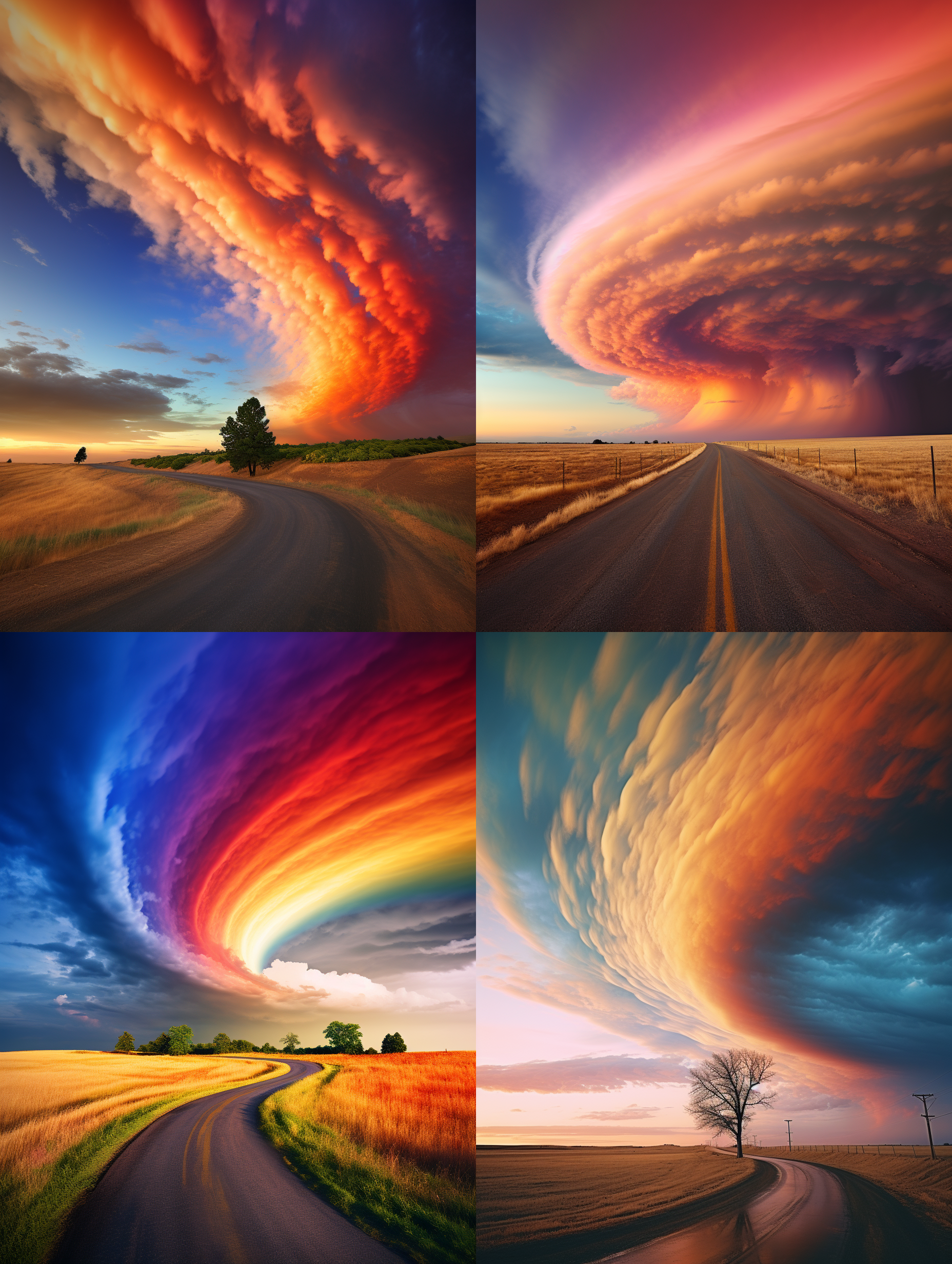 远处的道路尽头，天空上，螺旋形状，龙卷风样式，五颜六色的彩虹云，道路延伸，天空渐变，螺旋龙卷风，彩虹云，远景，广角镜头，自然光，动态模糊，神秘感，色彩斑斓。