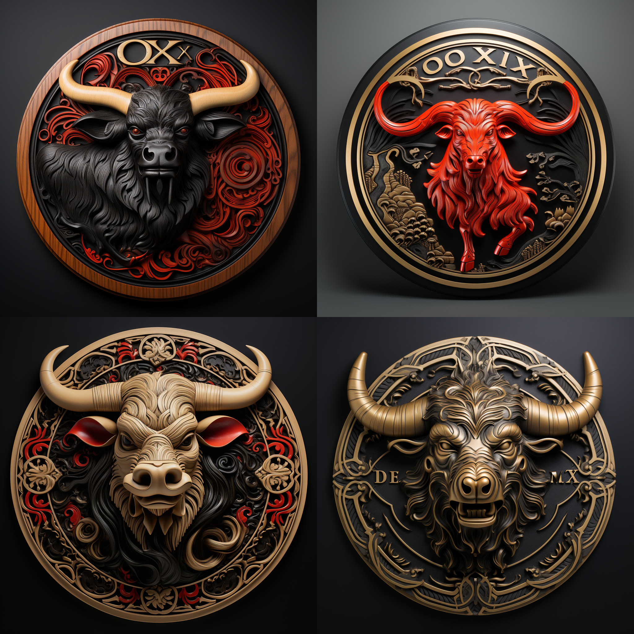 向左看丑牛标志，中国古典浮雕技法，大红色彩，神态逼真，线条锐化，纯黑色背景，印章风格，柔光，超高清8k分辨率，具有艺术美感，浮雕效果，红色调，黑色背景，高分辨率，艺术风格，古典技法，逼真神态，锐利线条，柔光照明，印章设计。