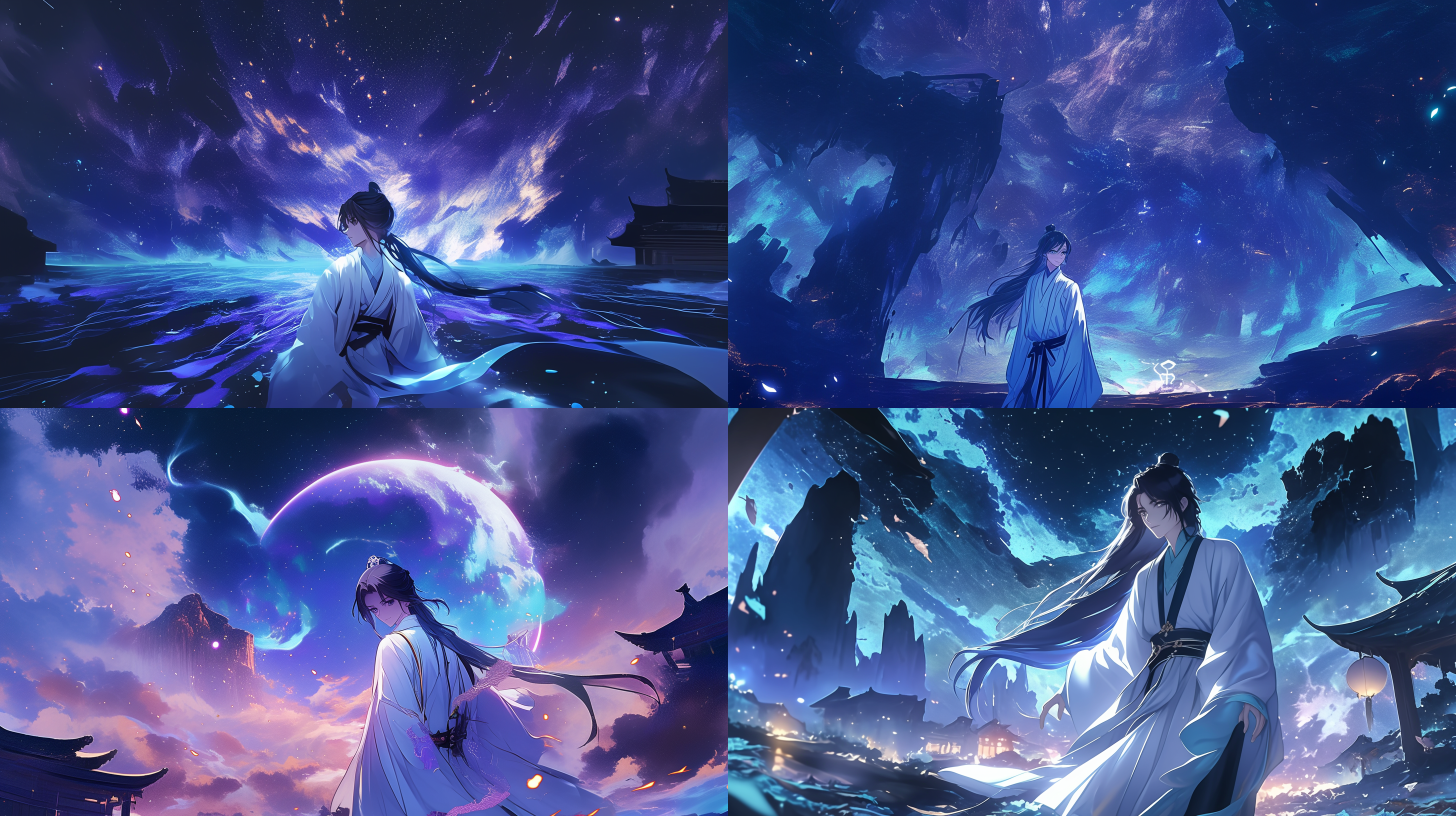 虚无星空中，一位束发少年站在虚空中，在少年面前时一个很小的虚幻人影，少年身穿白色长衫，仙侠玄幻类型照片，幻想元素，广角镜头， 时空隧道 360度全景 黑光 游戏素材 道 角色扮演