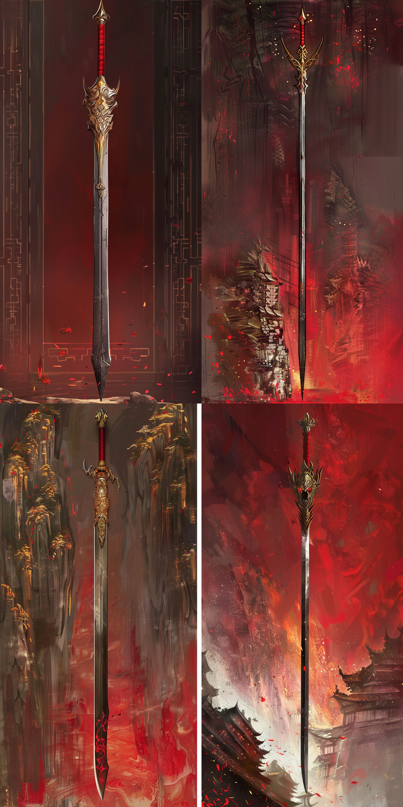一把中国古风长枪，曲线优美，细节丰富清晰对焦，远景冷色调，静谧神秘，锋利，金边，震撼，气势磅礴，开天劈地，劈入地面，暗红色，玄幻世录，精致细节