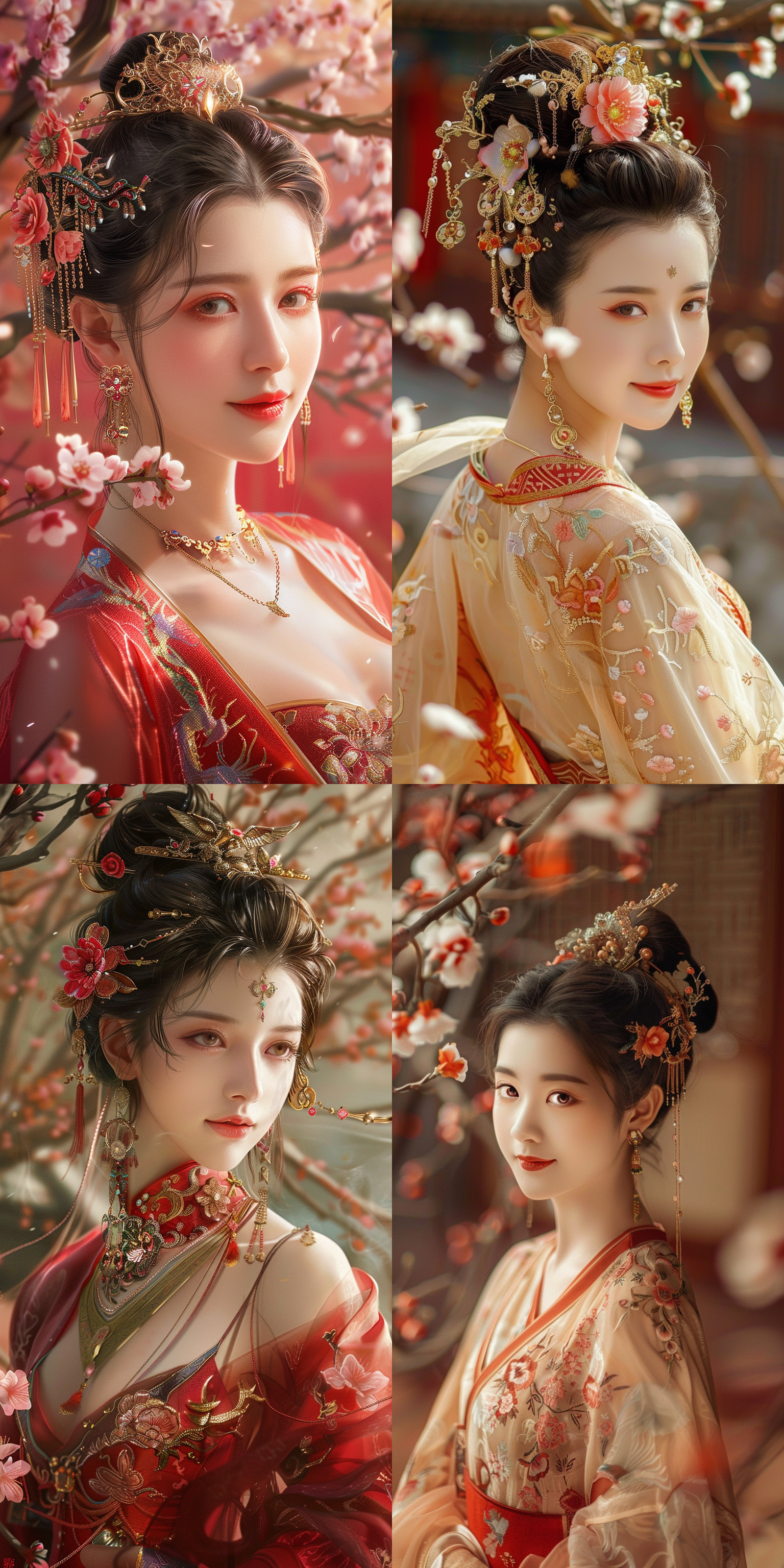 中国古典美女，丰满身材，微笑闭嘴，肤如凝脂，梅花环绕，金色宫殿，红色地毯，盘发精致，鲜艳色彩，清纯美丽，独奏姿态，珠宝点缀，花形发饰，杰作级质量，绝世容颜，色彩缤纷的纱质衣裙，细长眉毛，全身照，正视图，丹凤眼，柔和侧光，高光细节，环境光，长焦镜头，自然色彩，静态美，传统服饰，细腻肌肤，优雅姿态，古典美，柔和光线。