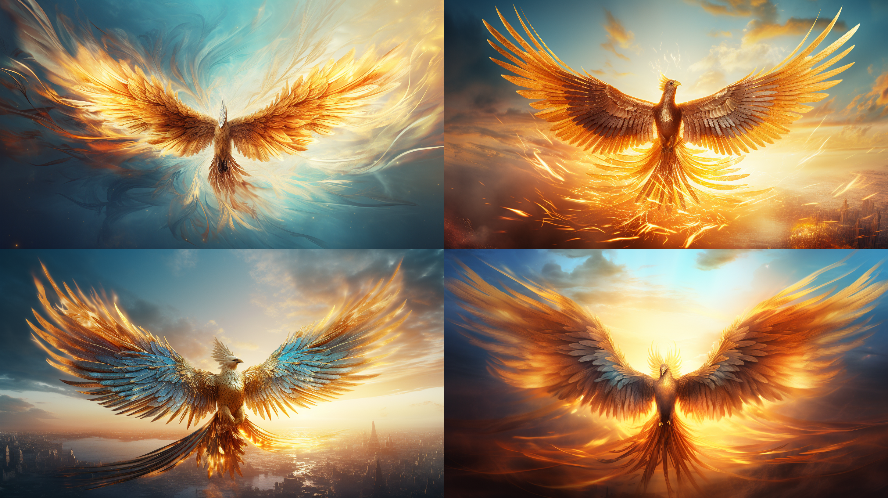 凤凰展翅，奇幻景象，超现实风格，天空背景，长焦镜头，逆光，高速快门，羽毛细节，金色与蓝色，神秘感。