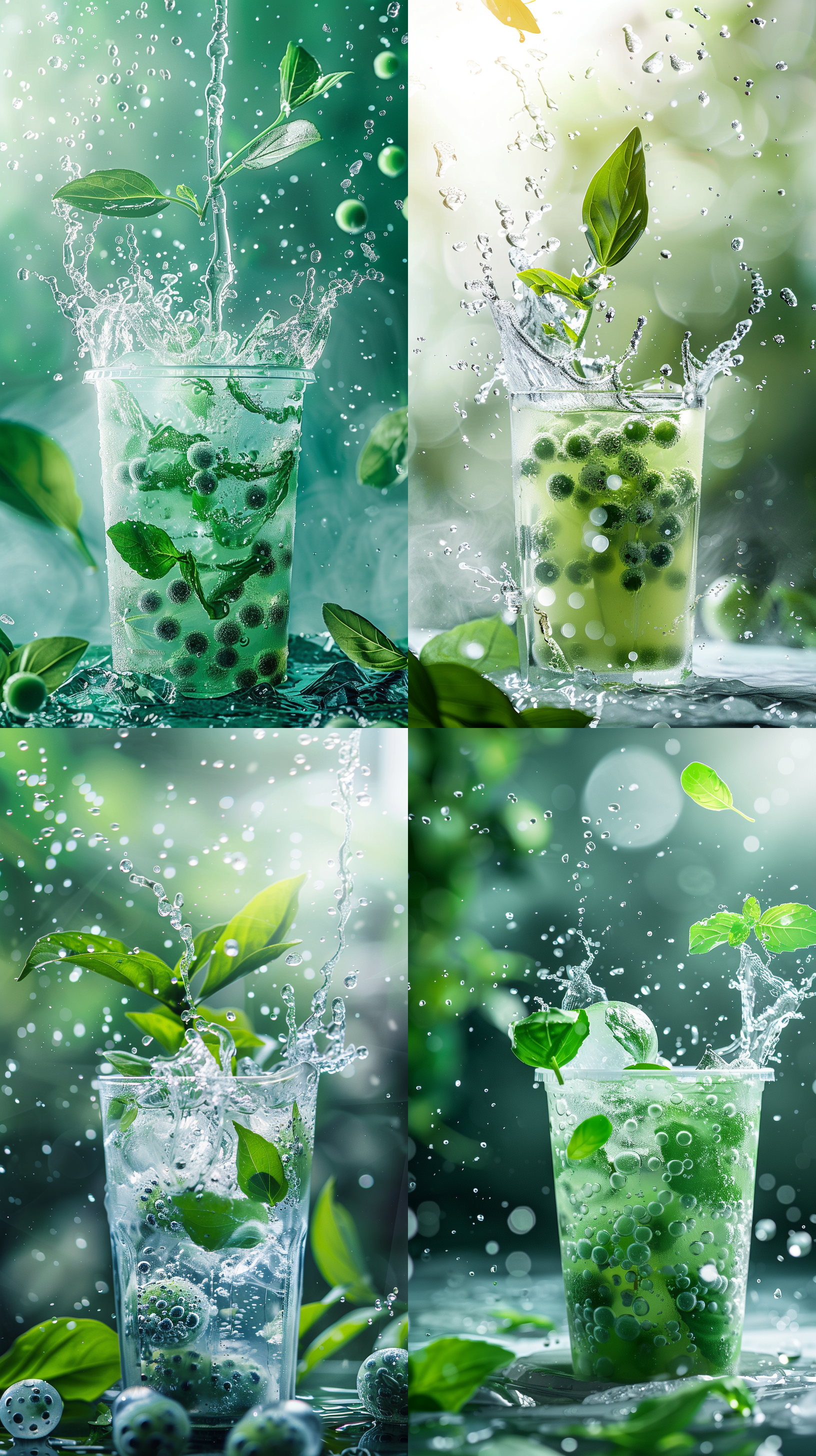 冰块上的奶茶，绿色主题，极简主义，溅起的水花，略带倾斜，丰富的细节，绿叶点缀，自然主义，逼真的画质，垂直构图，高清，自然光，微距镜头，清新色彩，宁静氛围，细节丰富，自然纹理。