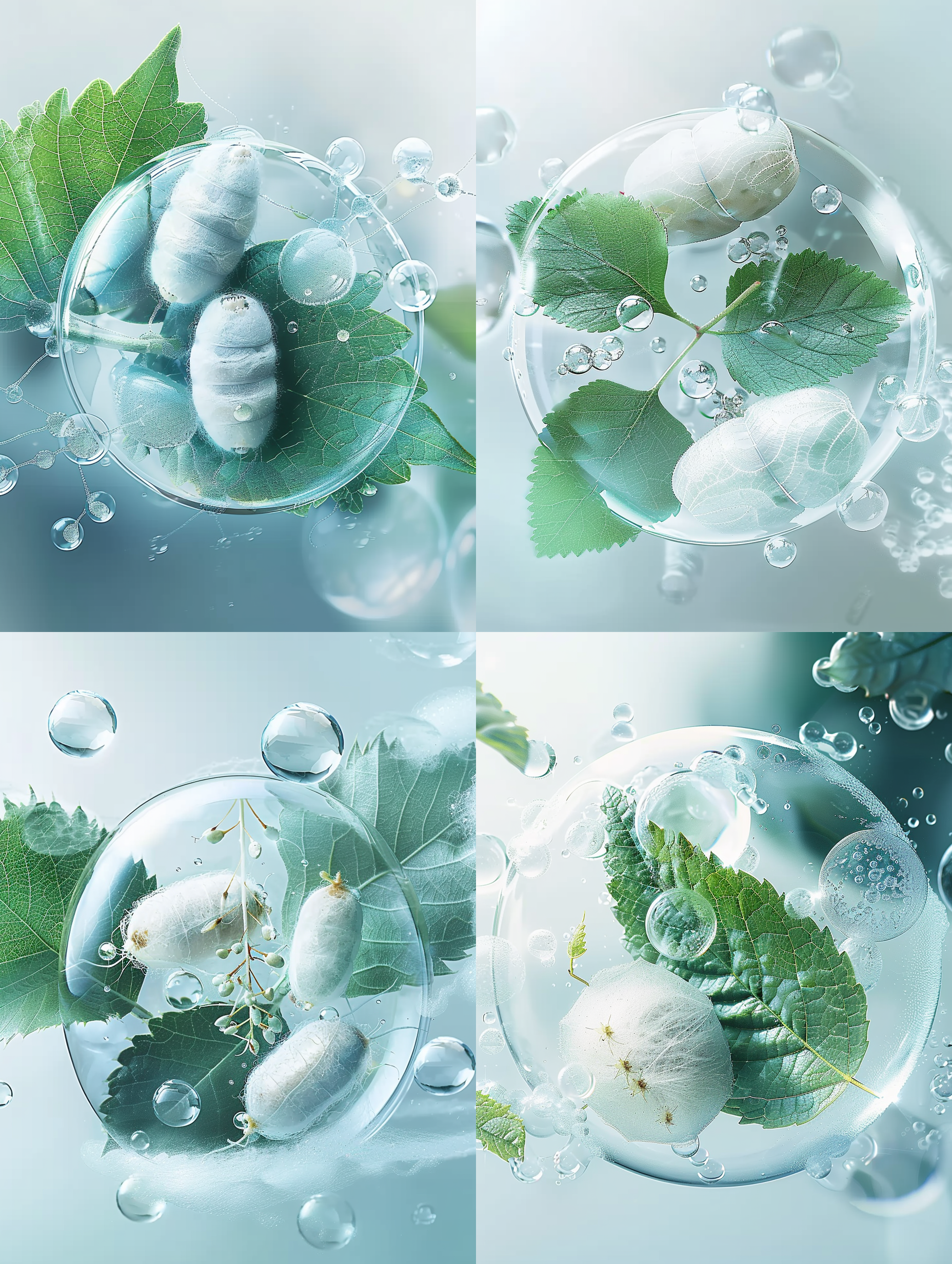 桑蚕丝与桑叶在气泡中，周围环绕分子结构，青蓝色调，清新感，微距镜头，实验室环境，柔和光线，静态，细腻纹理，科技氛围。