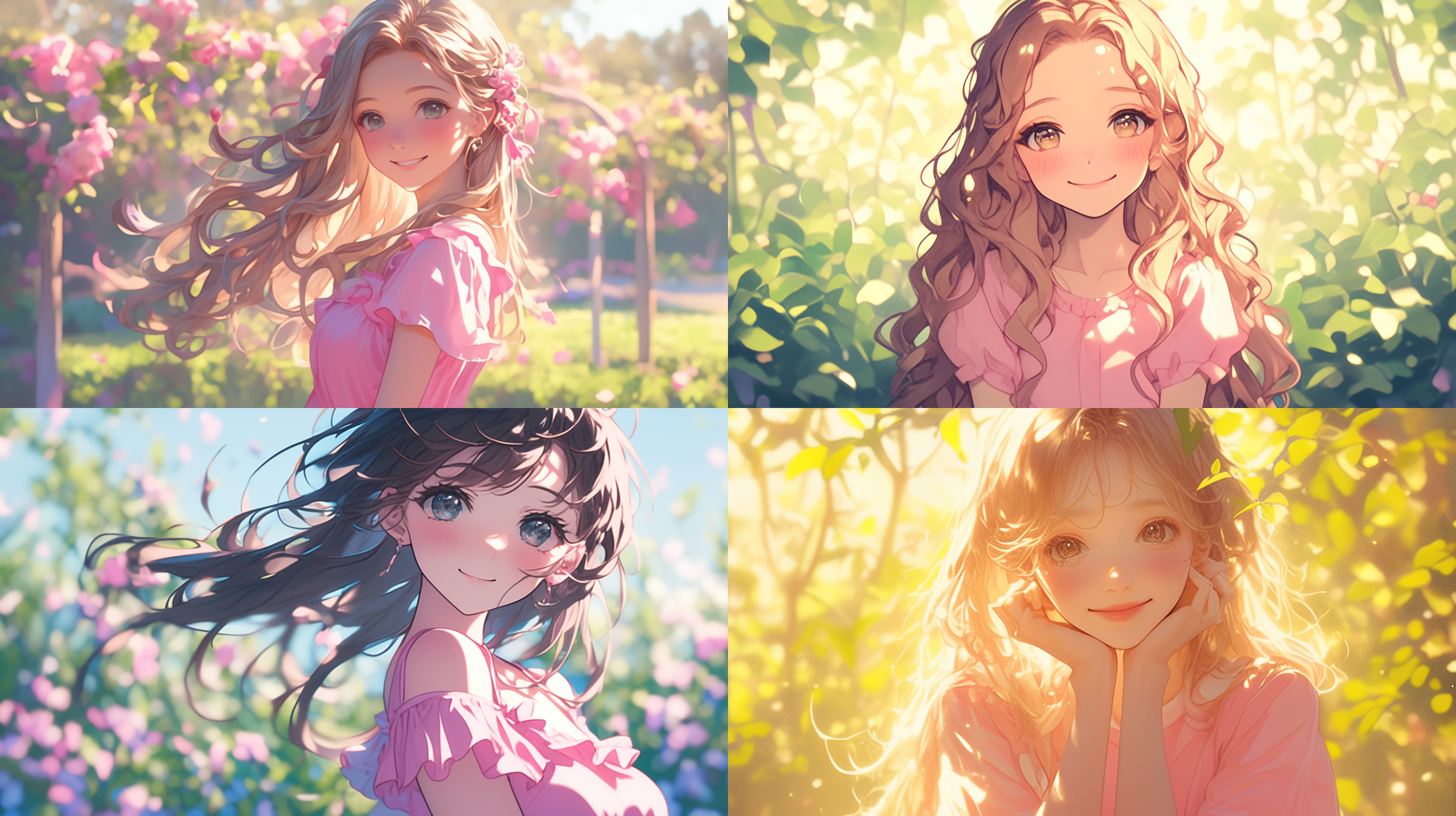 可爱女孩，卡姿兰大眼睛，明亮有神，甜美微笑，长发飘逸，粉色连衣裙，清新自然，户外花园，柔和光线，中景镜头，浅景深，温暖色调，愉悦，迷人。