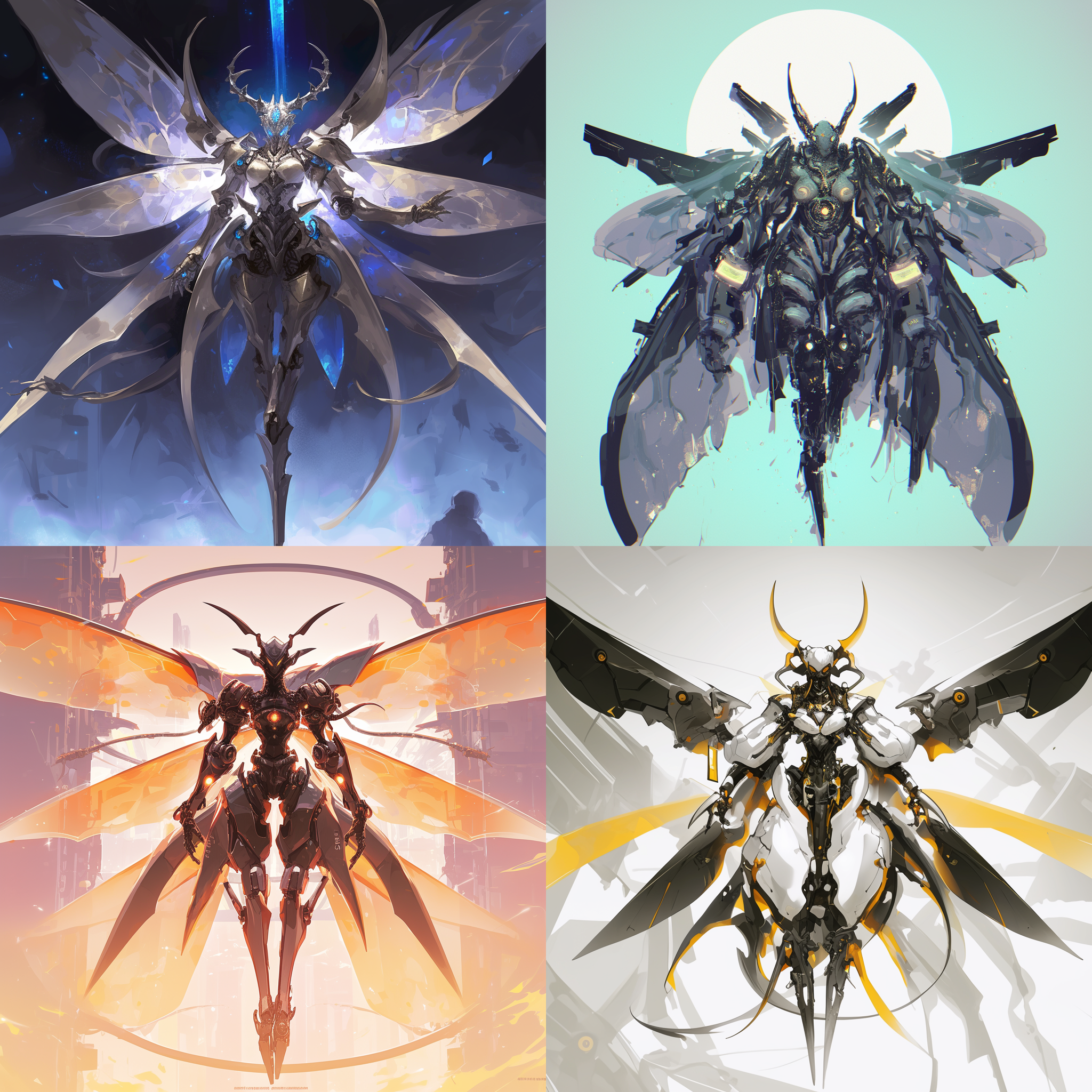 机械飞蛾女王，曲线优美，机械外骨骼，飞蛾翅膀，加粗上臂，强化四肢，变异拳头，飞蛾触角，中心构图，未来科技感，冷色调，广角镜头，顶光，高速快门，悬浮，神秘，力量感。