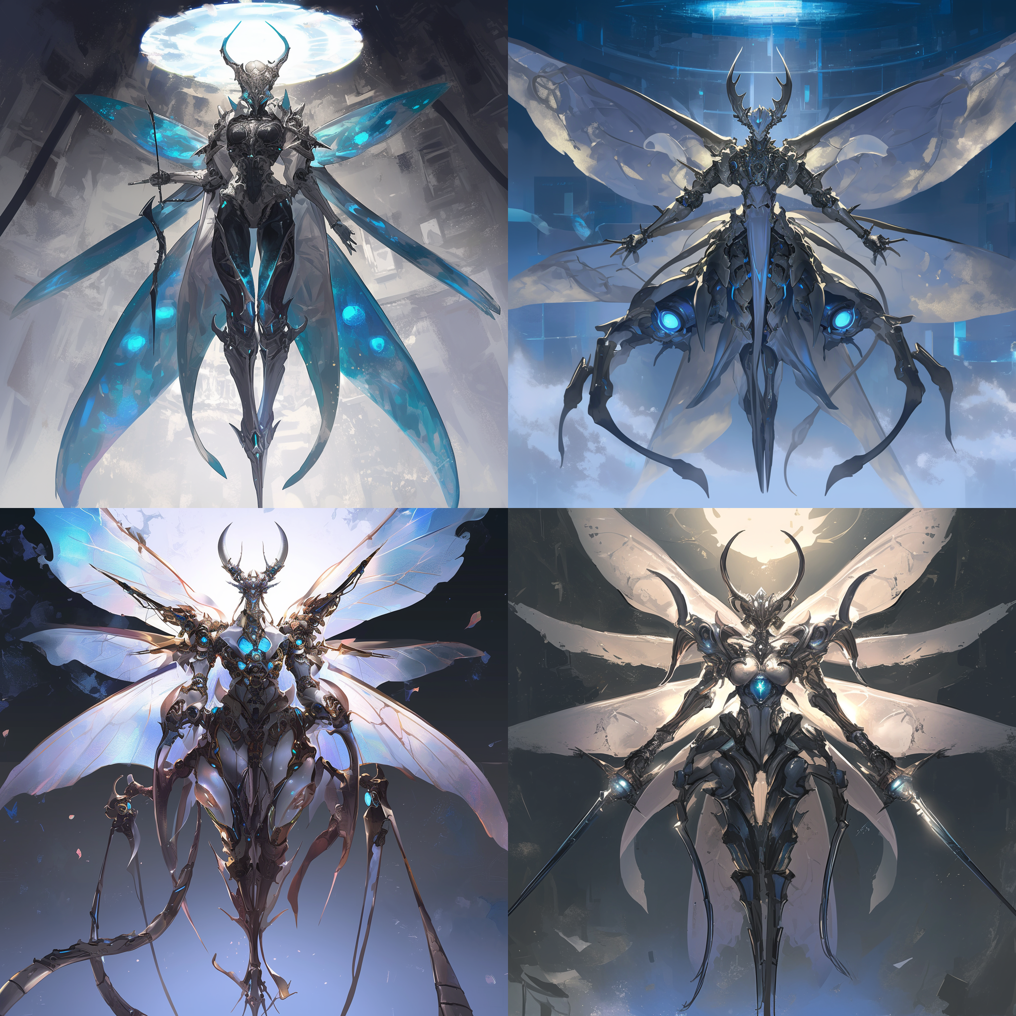 机械飞蛾女王，曲线优美，机械外骨骼，飞蛾翅膀，加粗上臂，强化四肢，变异拳头，飞蛾触角，中心构图，未来科技感，冷色调，广角镜头，顶光，高速快门，悬浮，神秘，力量感。