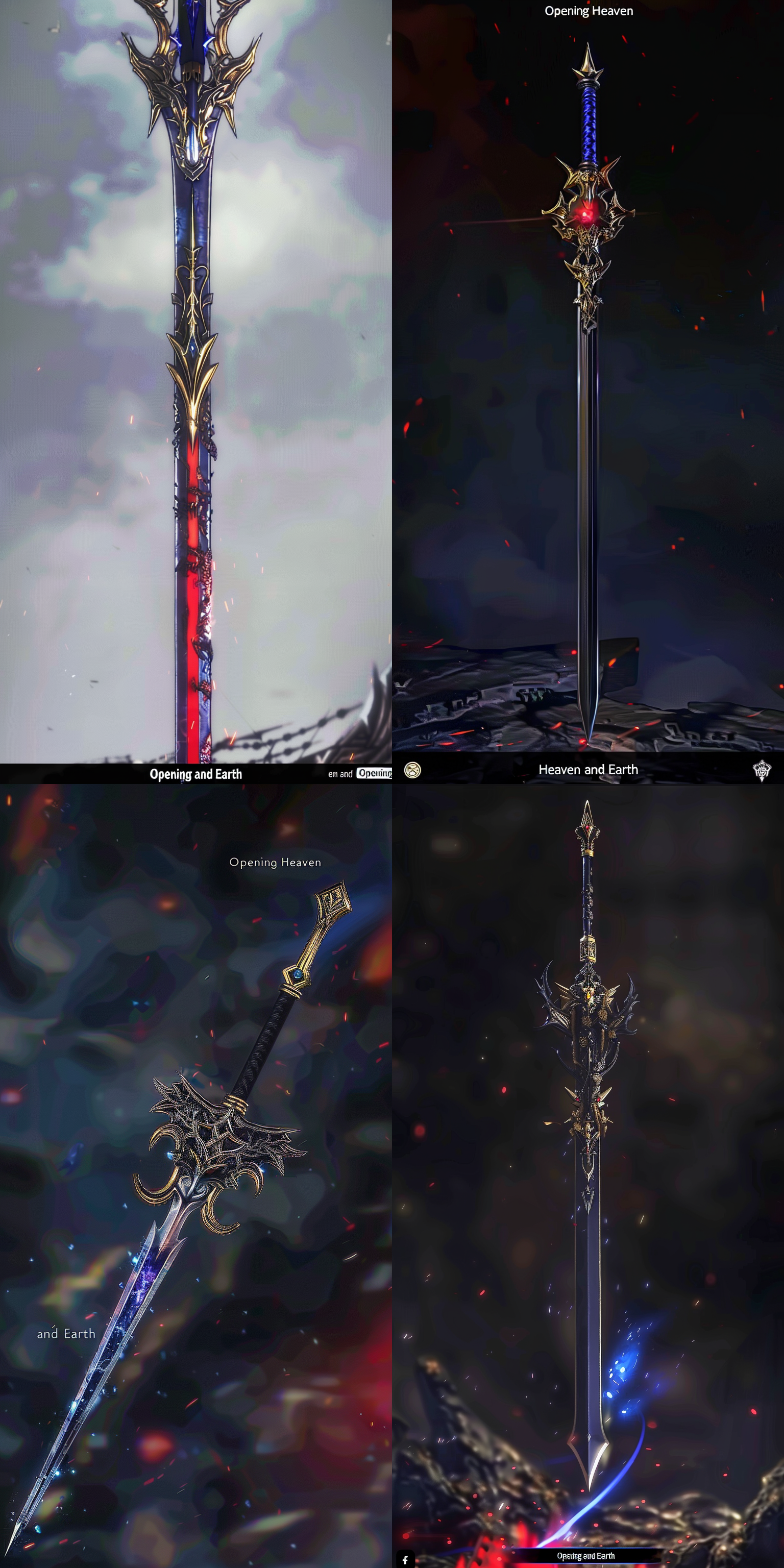 一把中国古风长枪，曲线优美，细节丰富清晰对焦，远景冷色调，静谧神秘，锋利，金边，震撼，气势磅礴，开天劈地，劈入地面，暗红色，玄幻世录，真实细节，超现实