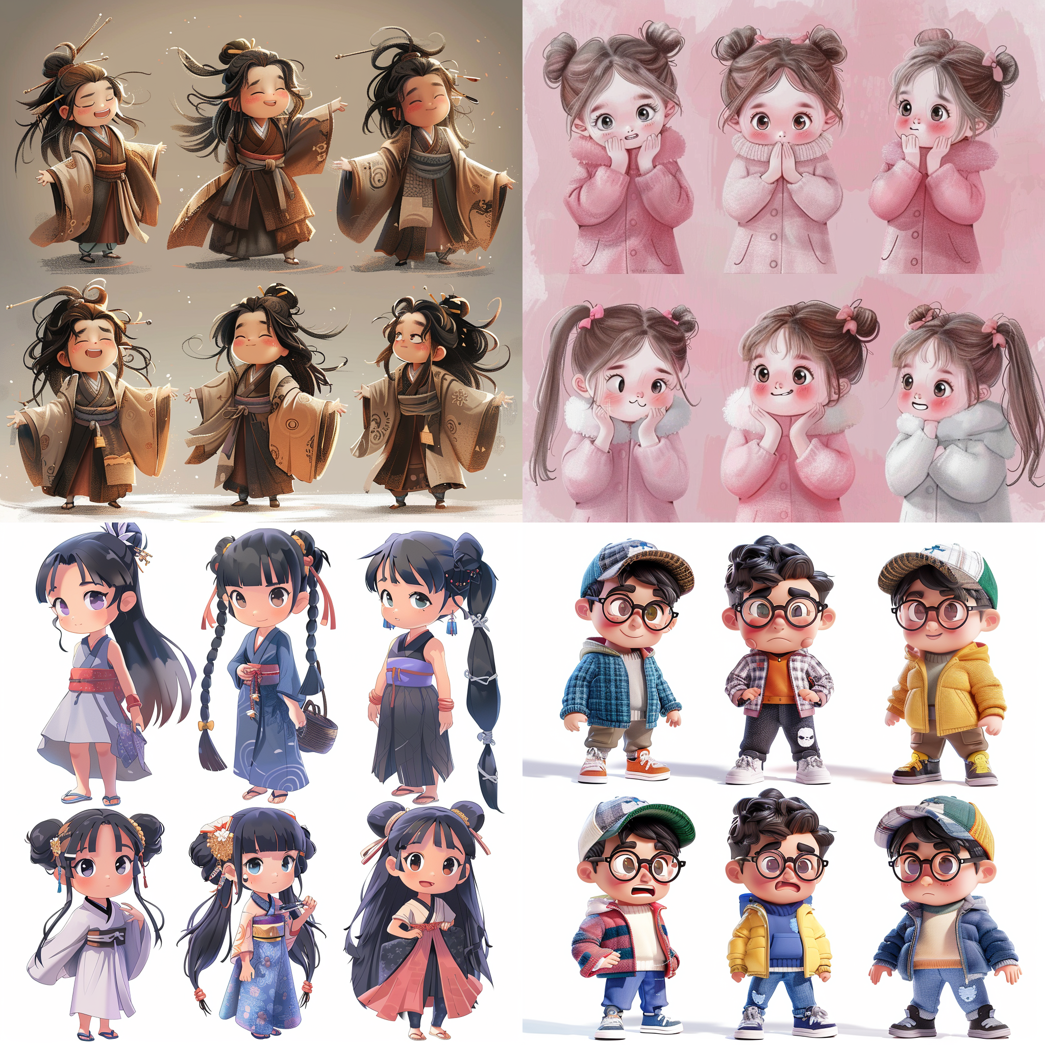 可爱的卡通人物，全身，六种表情，情感丰富，可爱，调皮，哭泣，笑脸，扁平化设计，正面视角，多种姿态和表情，日本水墨画风格，柔和光线，高饱和度，细节丰富，动态姿势，表情夸张，色彩鲜艳，情感表达，创意构图，艺术感。