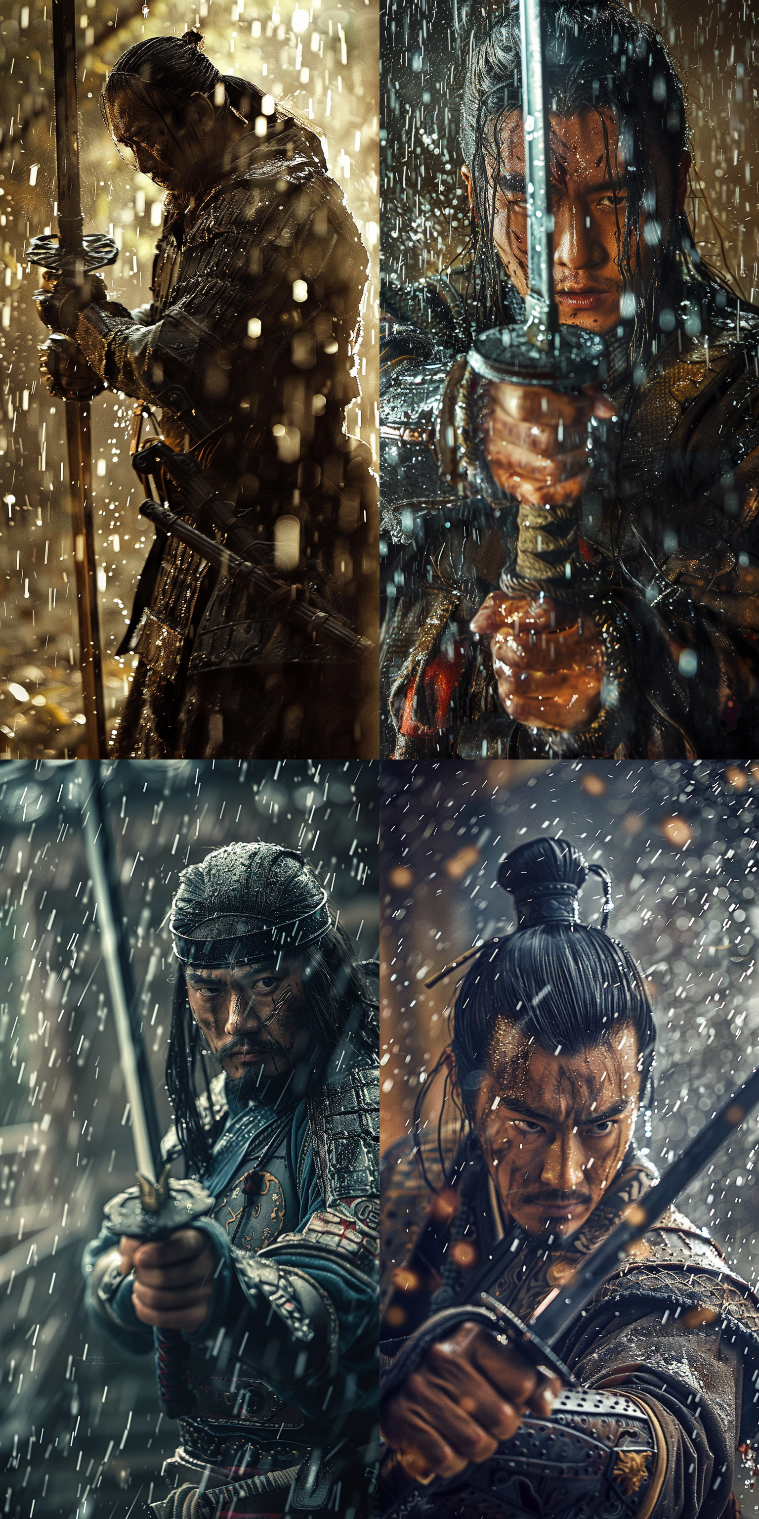 唐朝武士，大雨倾盆，手握宝剑，目光坚毅冷峻，视死如归，逆光，冷色调，全身像，湿漉漉的盔甲，雨滴效果，广角镜头，低角度，阴暗环境，动态模糊，紧张氛围。