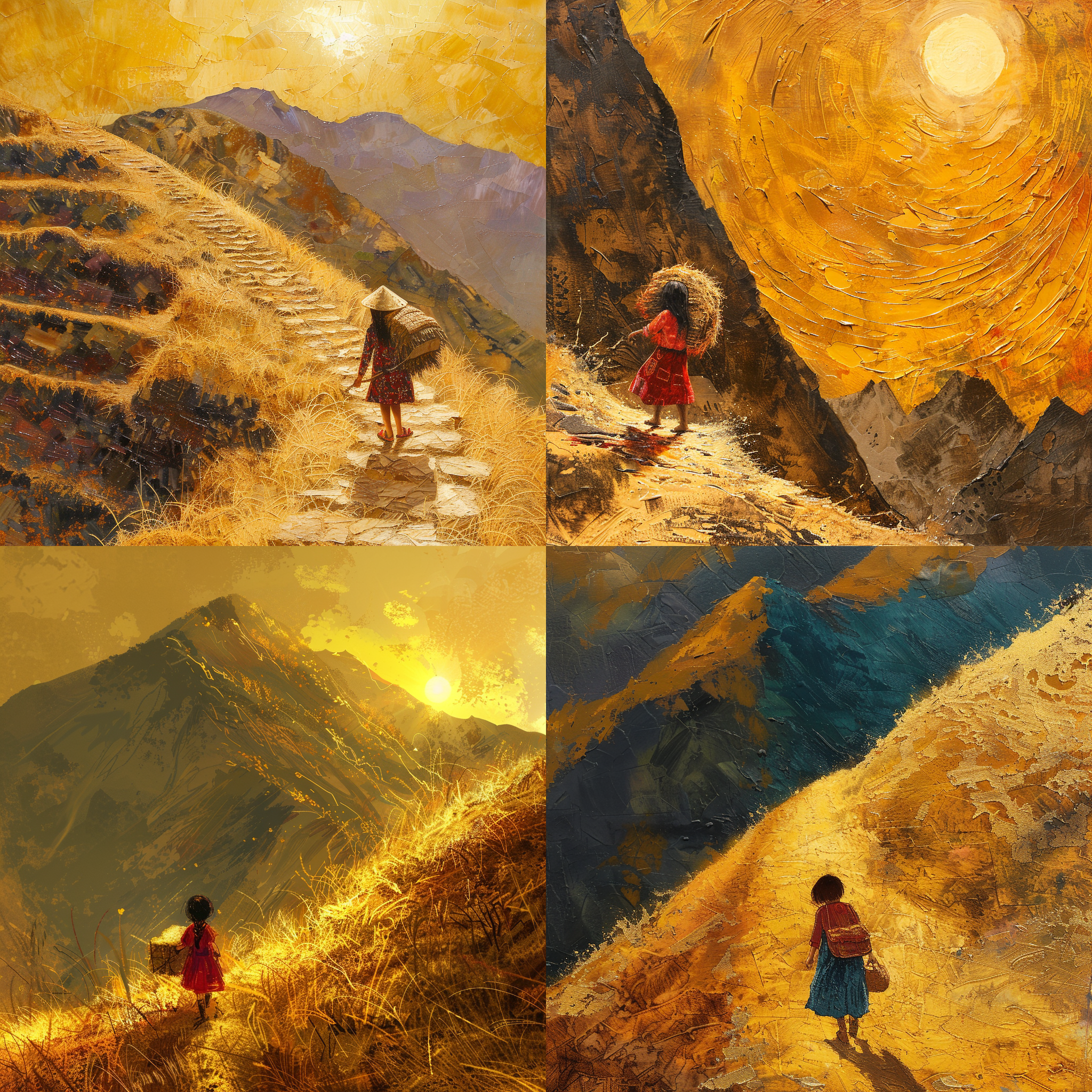 一个挑担上山的小女孩。太阳烤着大地。金黄色的山坡、