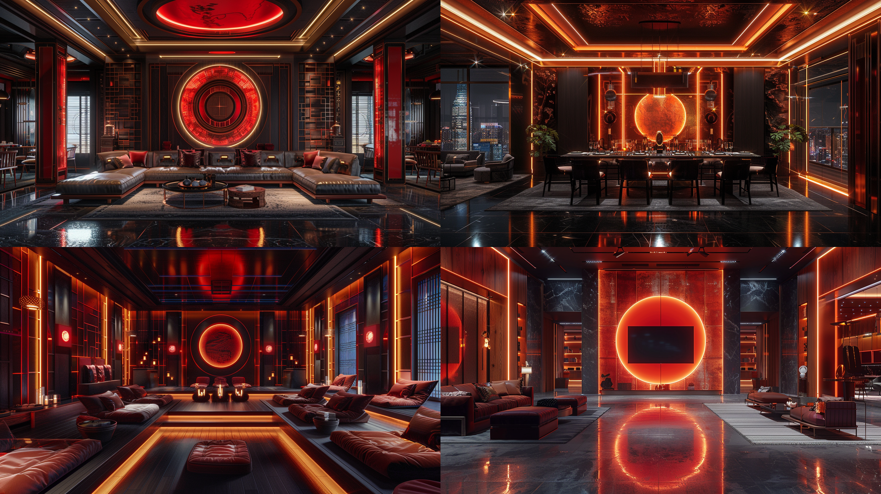 ktv练歌房，30平米，现代时尚，中式元素，中国风，vr渲染，线性灯，高级感，对称布局，暖色调，广角镜头，柔和光线，细节丰富，豪华装饰，舒适氛围。