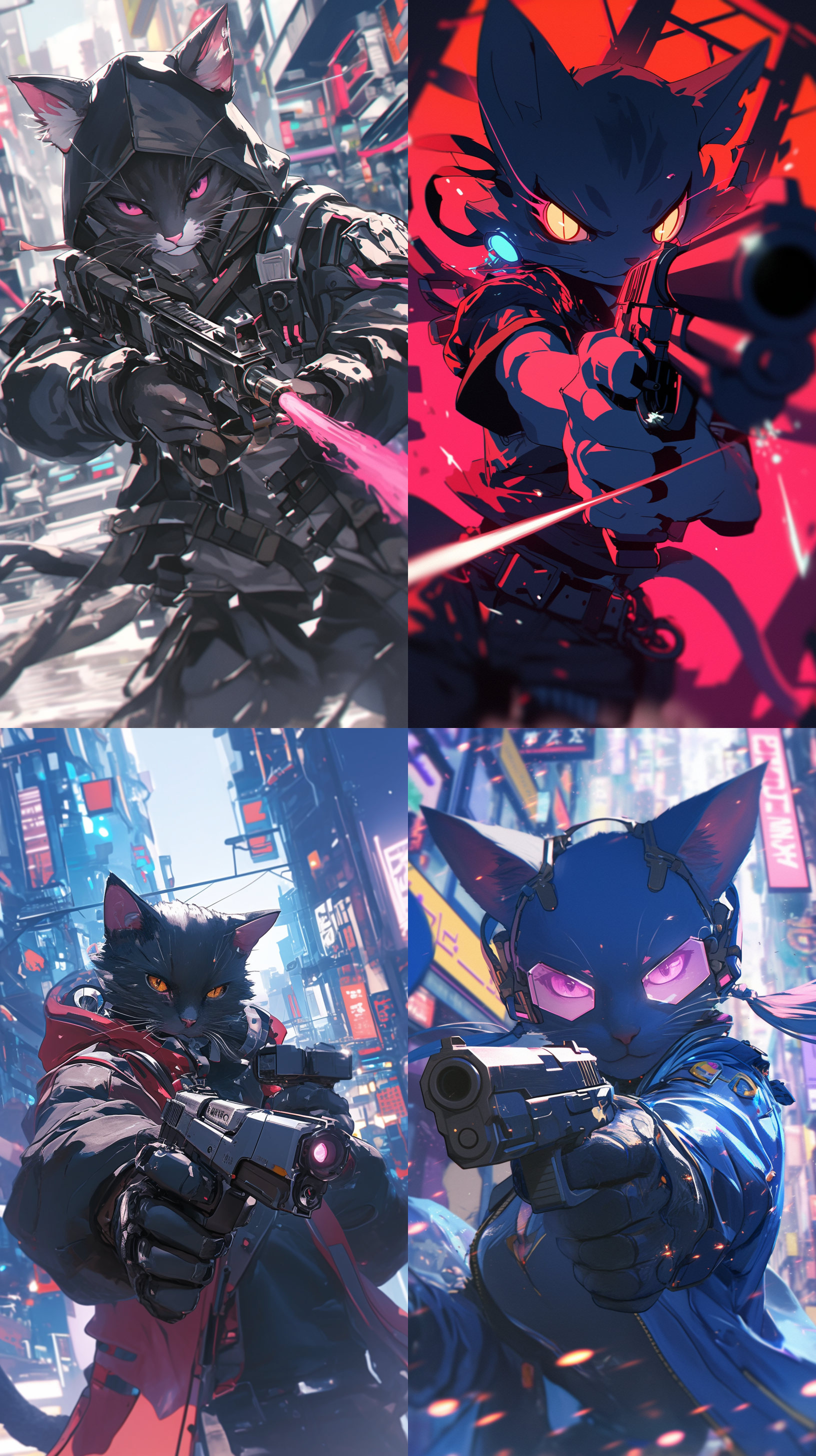 猫未来战士，手持激光枪，赛博朋克风格，大片场景，高对比度，霓虹灯光，广角镜头，动态模糊，科技感，冷色调，专注表情，战斗姿态。