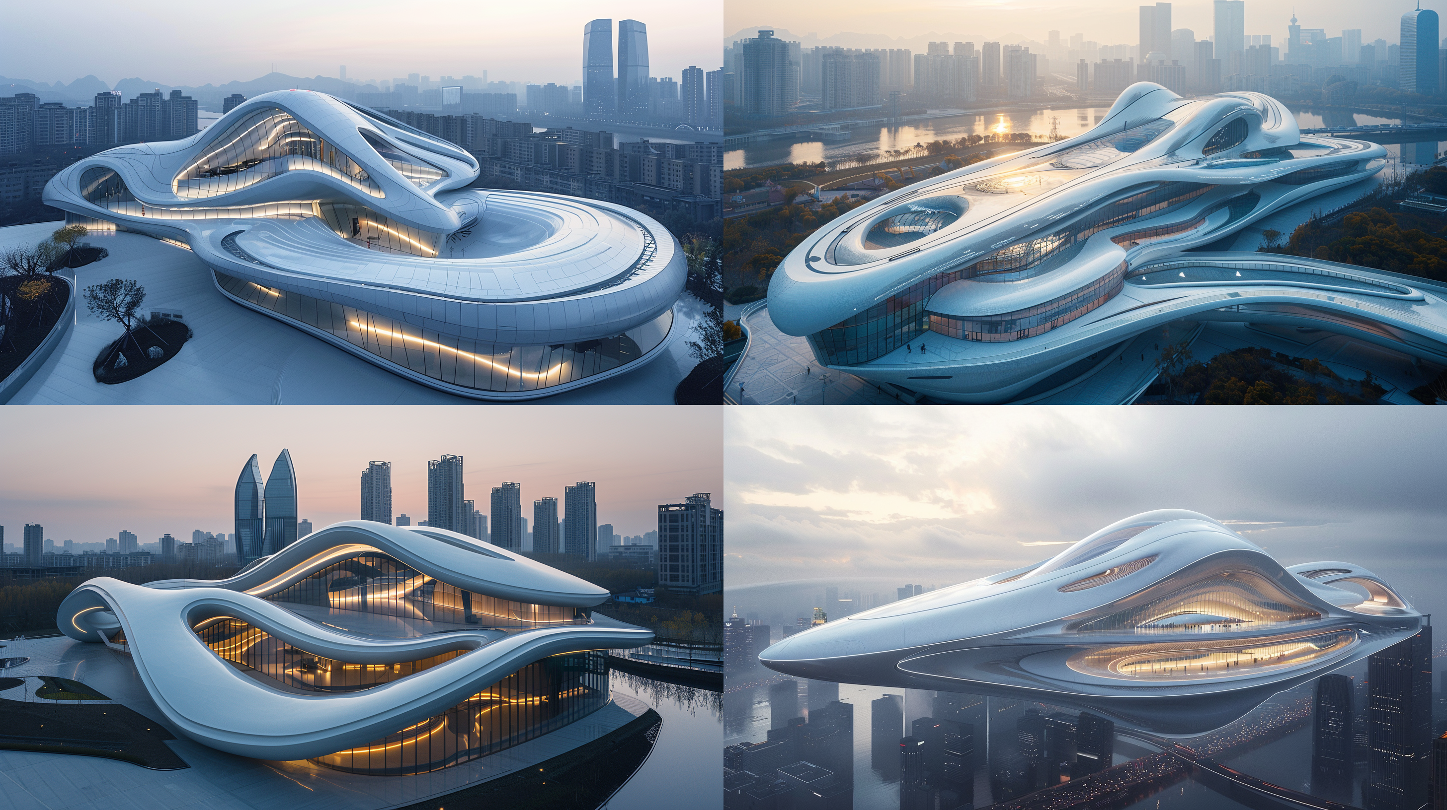 未来博物馆，扎哈哈迪德风格，空中半鸟瞰，流线型建筑，银白色金属质感，玻璃幕墙，城市天际线背景，科技感，未来感，对称构图，长焦镜头，柔和光线，反射，现代，创新。