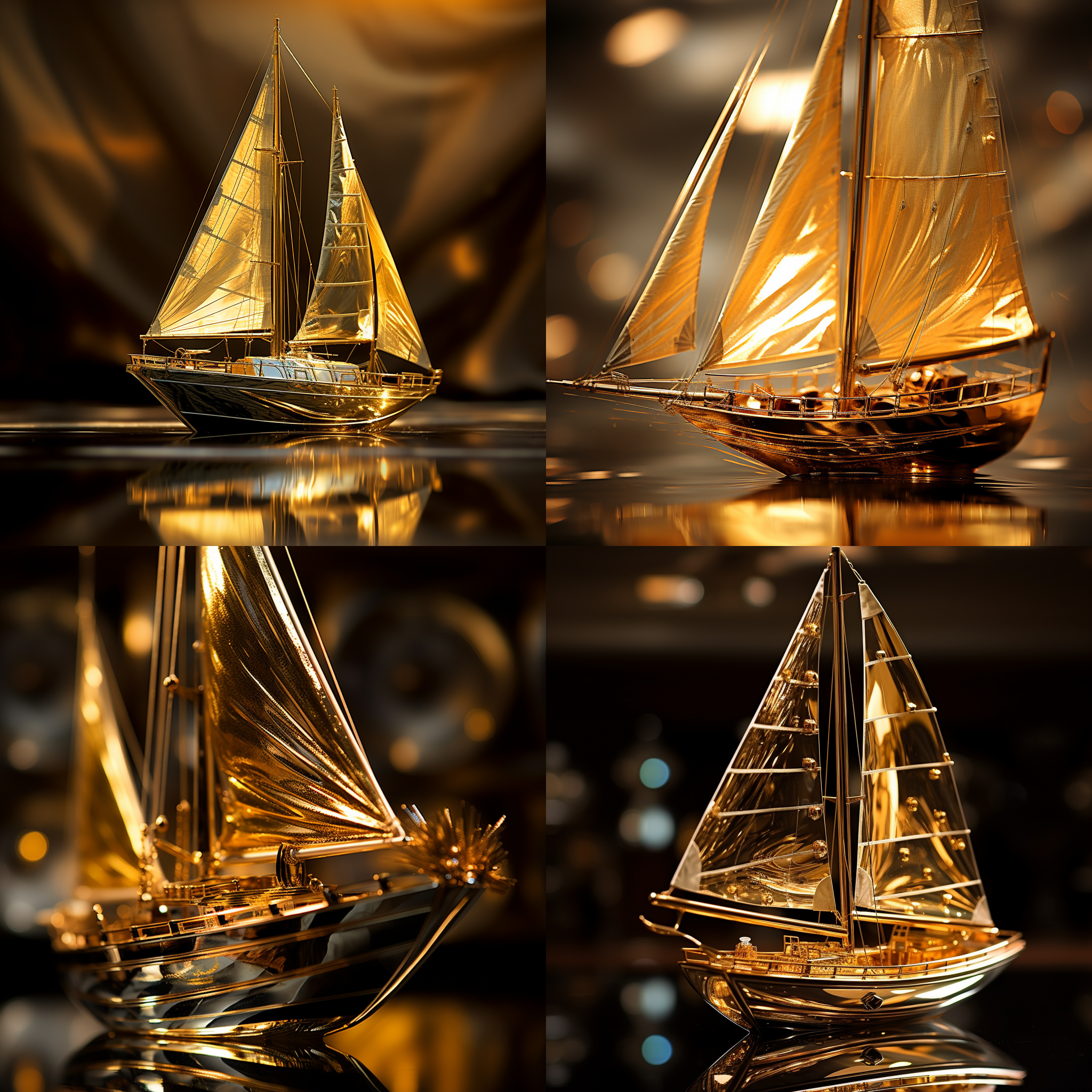 金色巨大帆船，金属质感，反射光，室内静物，微距镜头，柔和光线，对称构图，细节丰富，奢华感，金色与黑色对比，高光细节，金属光泽，静物摄影，室内布光，奢华装饰，金色主题，黑色背景，反射效果，细节捕捉，光影对比。