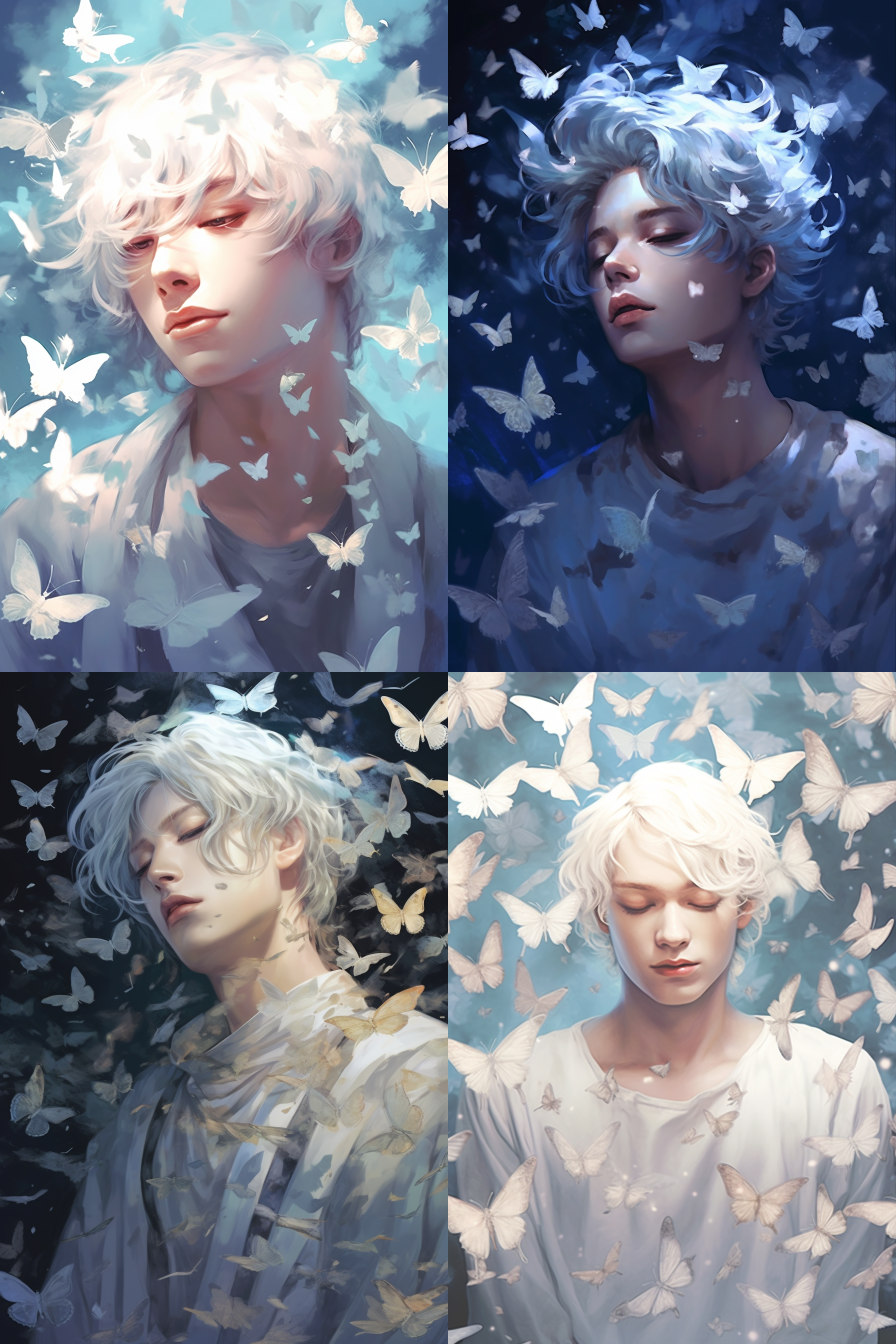 动漫男生肖像，白色调，蝴蝶飞舞，冷蓝光，闭眼，雪纺，柔和光线，超现实，广角镜头，高分辨率，梦幻氛围，轻盈动作，细腻表情，冷暖对比，静谧情感。