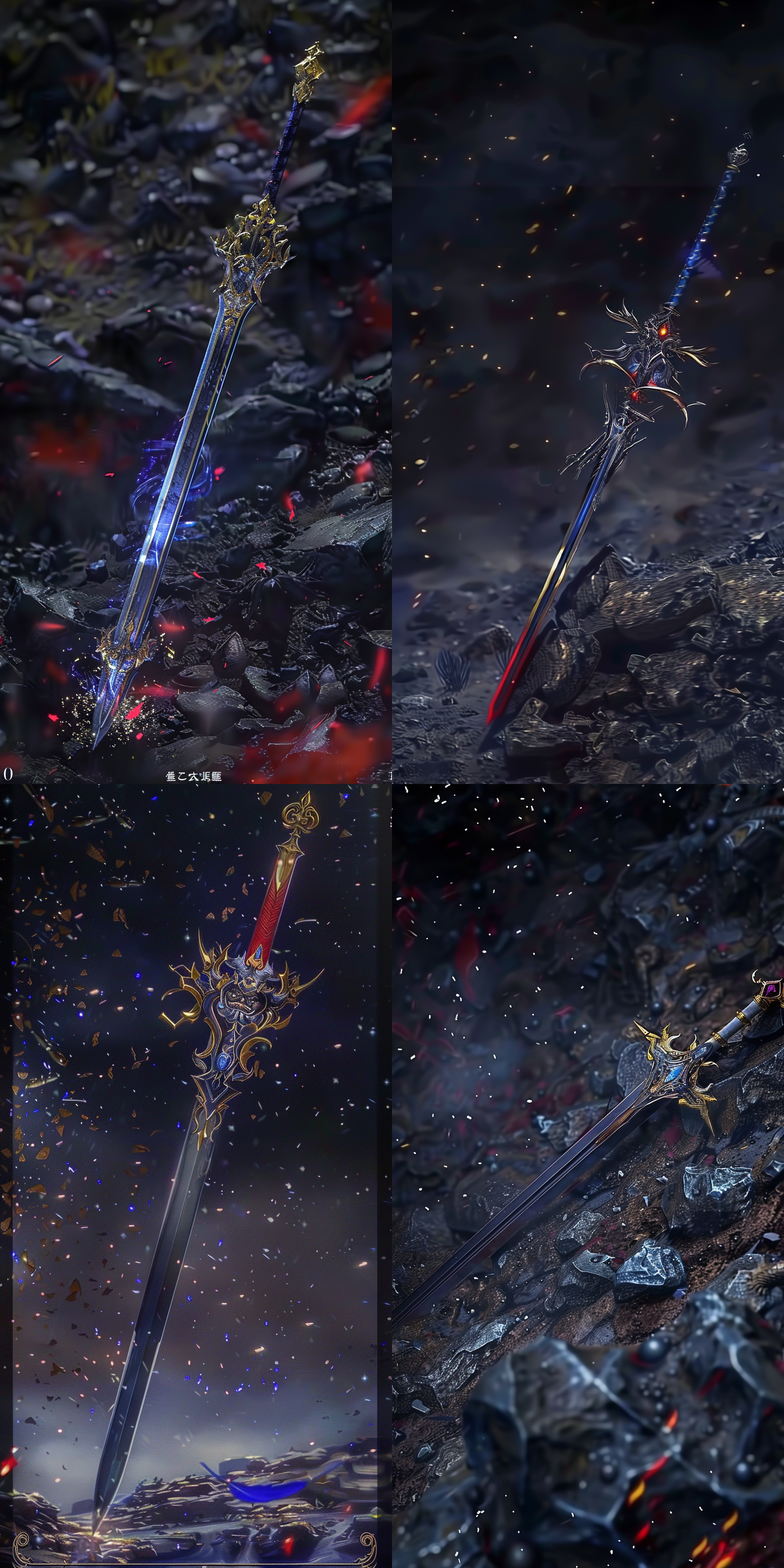 一把中国古风长枪，曲线优美，细节丰富清晰对焦，远景冷色调，静谧神秘，锋利，金边，震撼，气势磅礴，开天劈地，劈入地面，暗红色，玄幻世录，真实细节，超现实