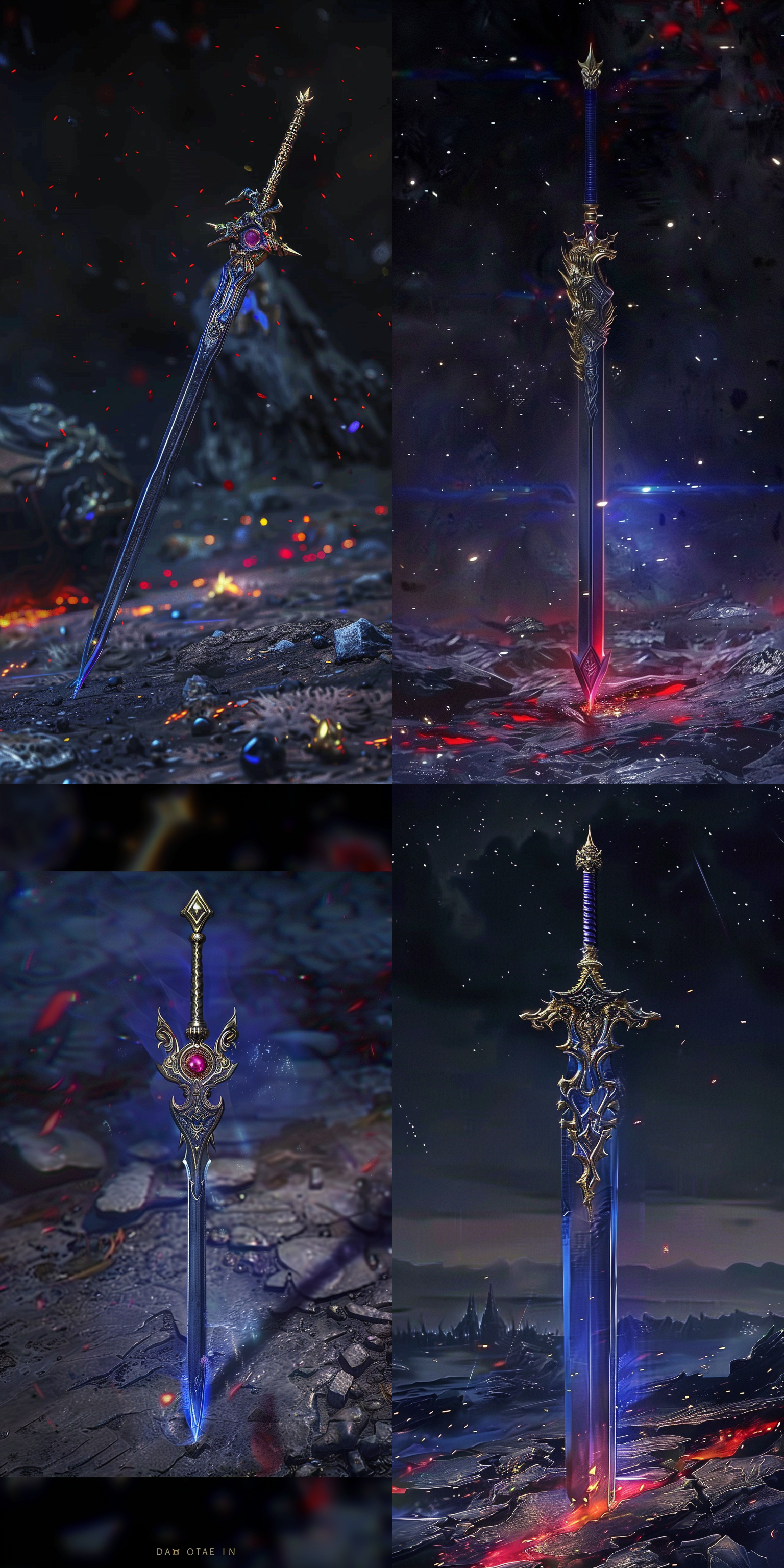 一把中国古风长枪，曲线优美，细节丰富清晰对焦，远景冷色调，静谧神秘，锋利，金边，震撼，气势磅礴，开天劈地，劈入地面，暗红色，玄幻世录，真实细节，超现实