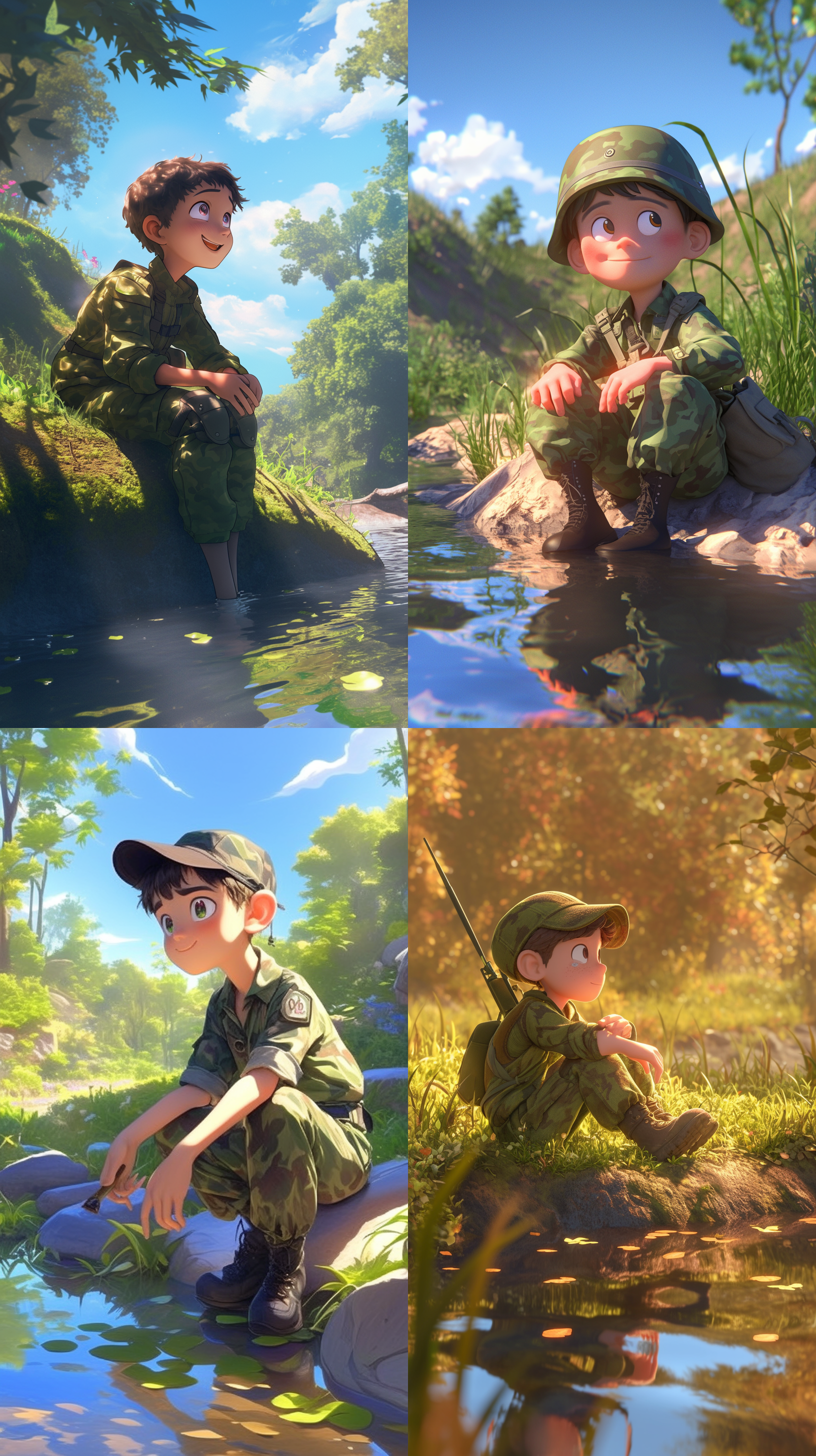 穿着迷彩服的男孩坐在河边低头沉思，小河边背景，皮克斯动画风格，超真实渲染，高角度拍摄，明亮色彩，迪士尼3d卡通风格，阳光直射，广角镜头，动态捕捉，鲜艳色彩，和谐自然。