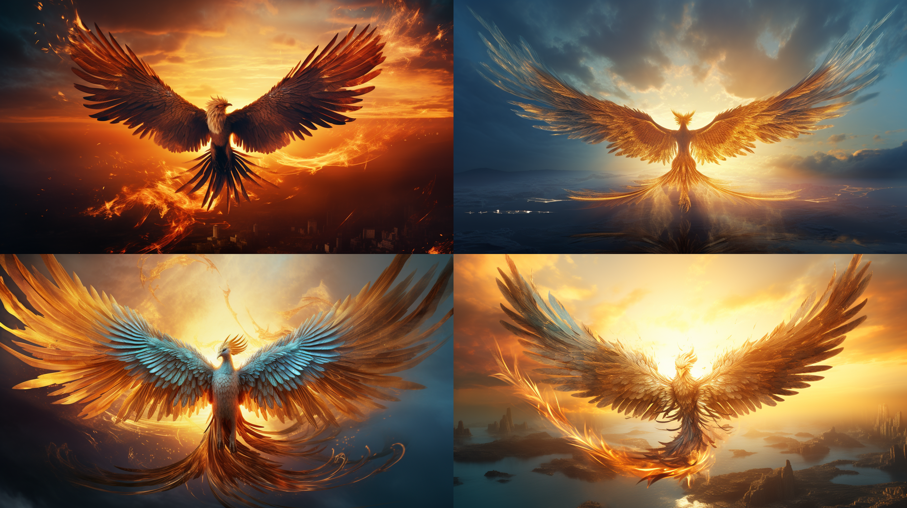 凤凰展翅，奇幻景象，超现实风格，天空背景，长焦镜头，逆光，高速快门，羽毛细节，金色与蓝色，神秘感。