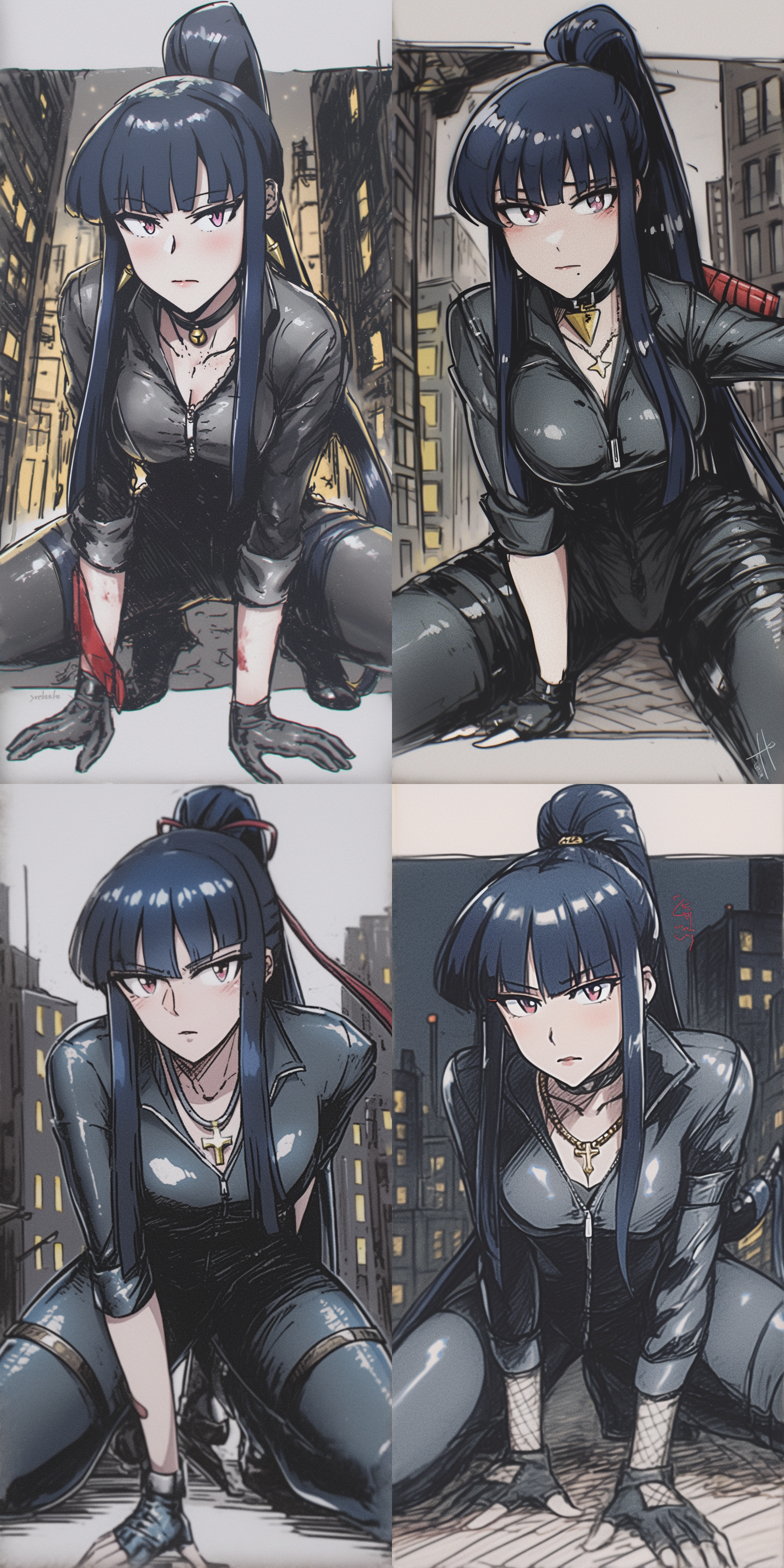 特工潜行，阴影中，黑色紧身衣，冷静眼神，城市夜景，长焦镜头，低光环境，暗色调，动态模糊，紧张氛围，隐秘行动。