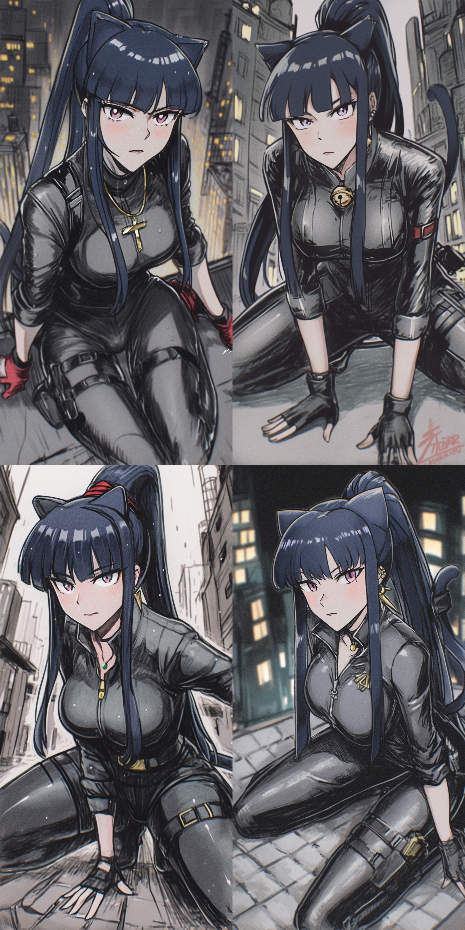 特工潜行，阴影中，黑色紧身衣，冷静眼神，城市夜景，长焦镜头，低光环境，暗色调，动态模糊，紧张氛围，隐秘行动。