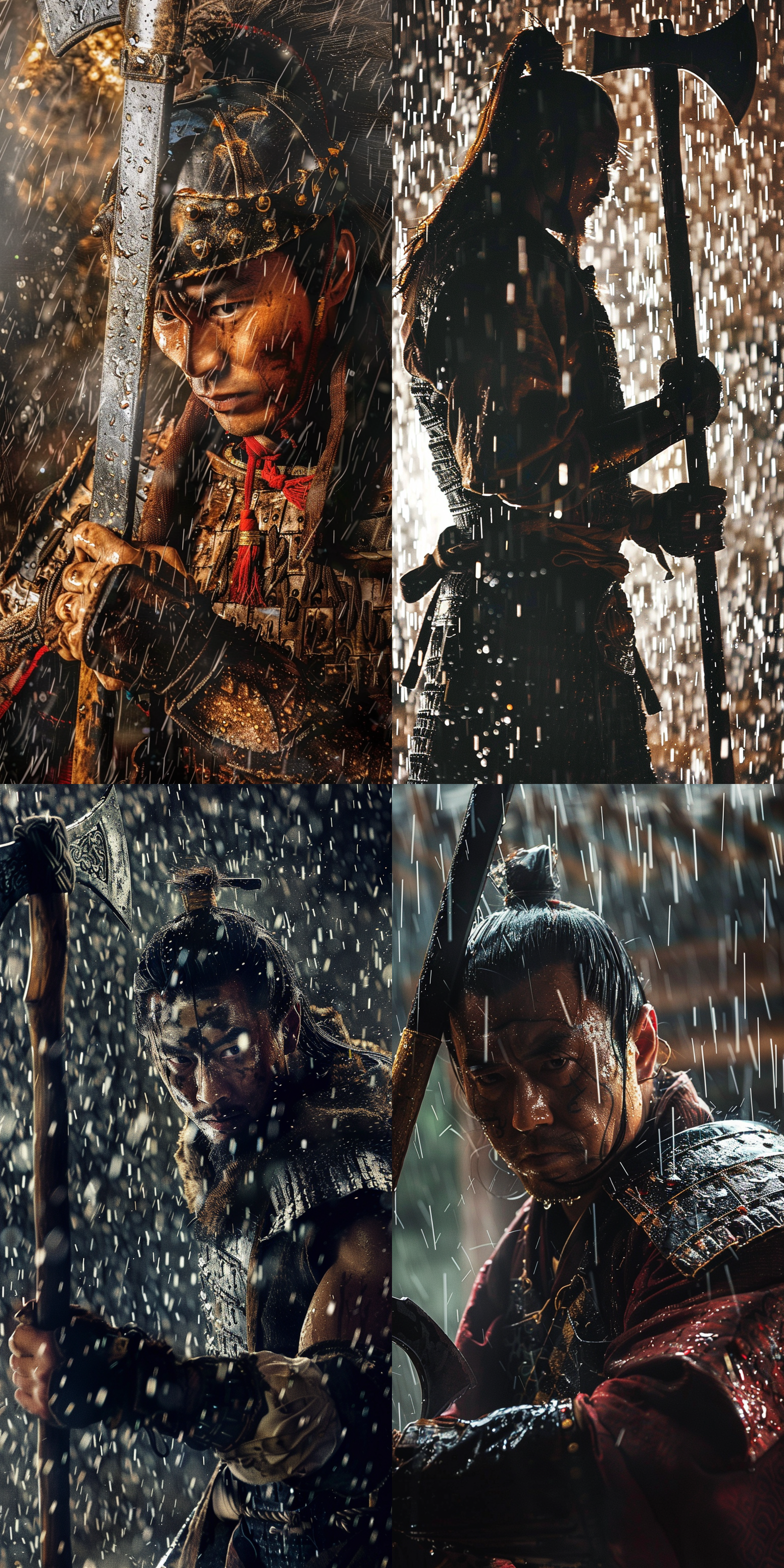 唐朝武士，大雨倾盆，手握战斧，目光坚毅冷峻，视死如归，逆光，冷色调，全身湿透，战甲闪光，广角镜头，高对比度，动态模糊，紧张氛围，历史重现。
