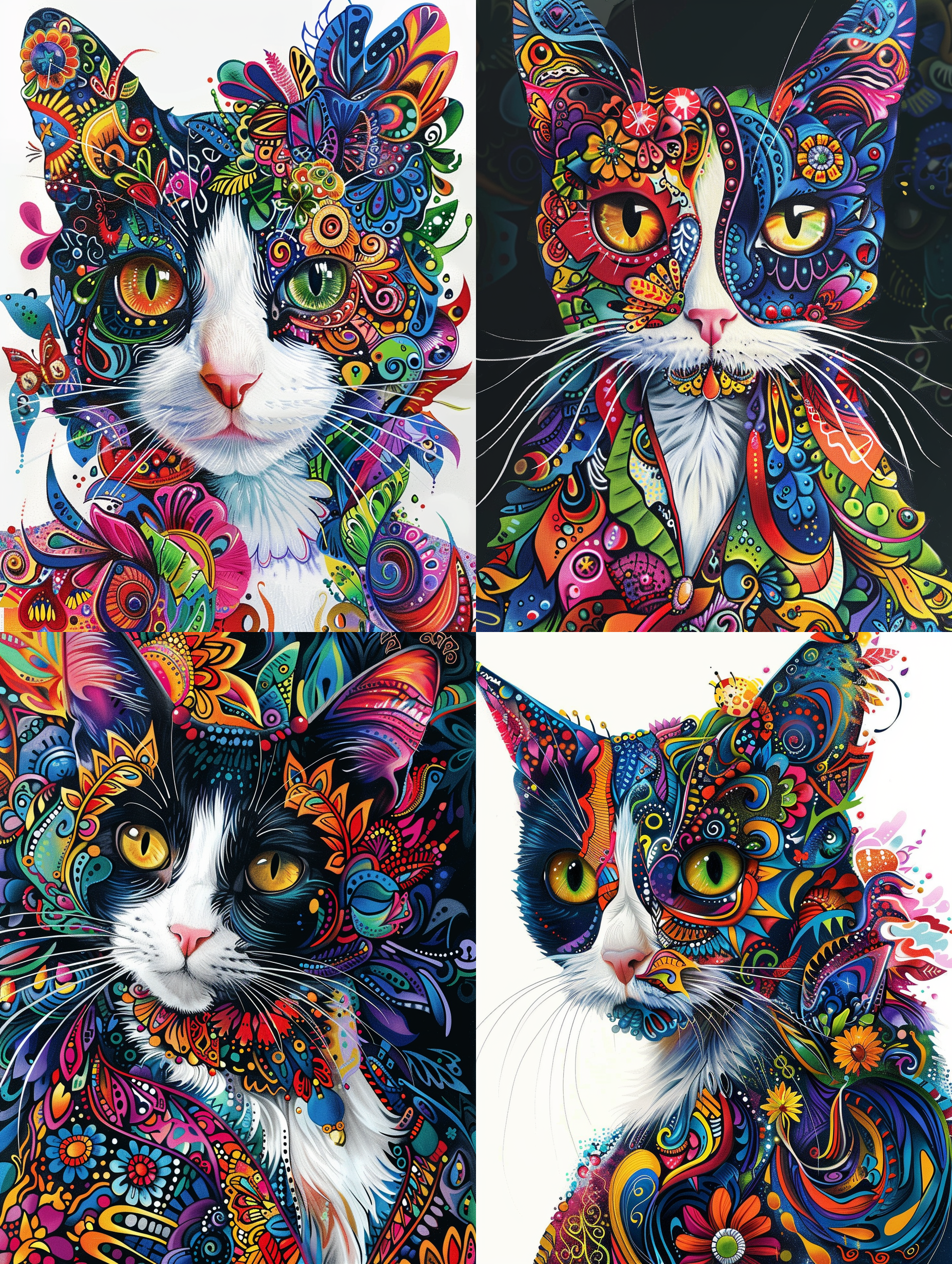 猫女，路易斯·韦恩风格，玛加利·维伦纽夫绘制，计算机艺术，高饱和度，全身彩色涂鸦，超现实细节，罗梅罗·布里托灵感，伊戈尔·莫斯基灵感，极其精细，完美细节，白色胸前，对角线构图，室内，暖色调，广角镜头，侧光，慢快门，动态，生动，多彩，神秘。