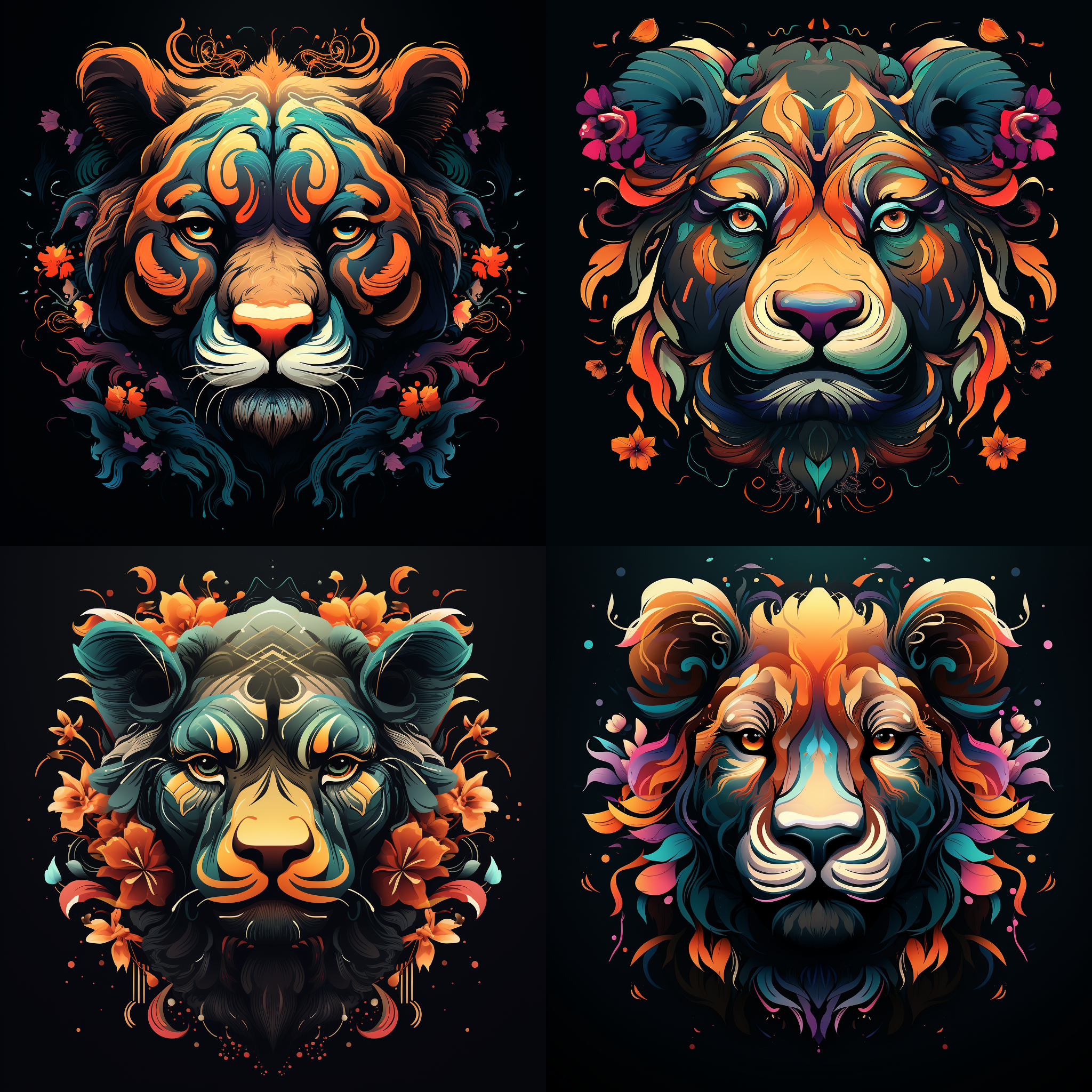 酷虎头标志，头上王字纹，色彩鲜艳，神态逼真，线条锐化，纯黑色背景，插画风格，柔光，超高清8k分辨率，艺术美感，扁平化设计，高饱和度，细节丰富，动态感，专注表情，高对比度，专注眼神，动态效果。