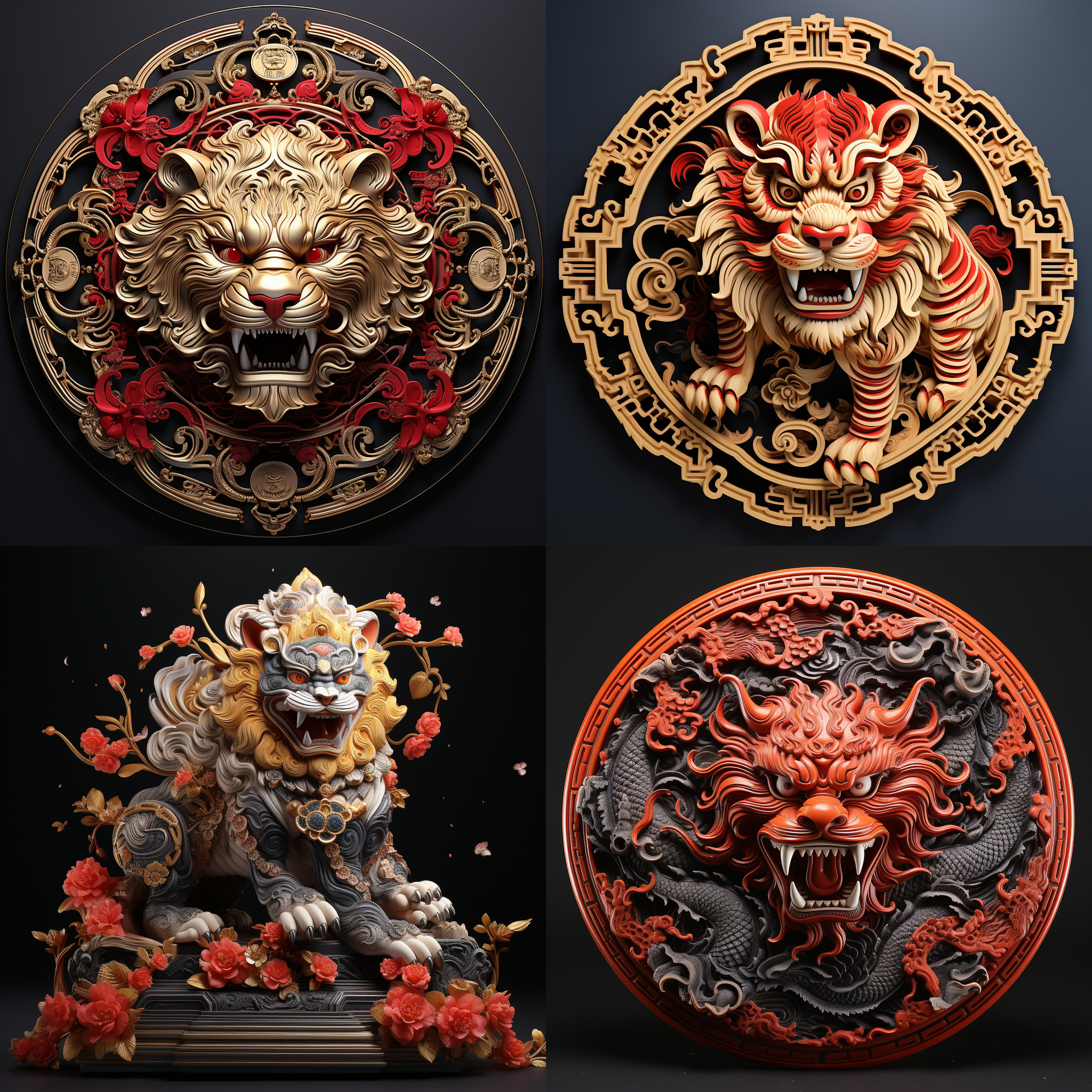 寅虎标志，中国古典浮雕技法，红金色彩，神态逼真，线条锐化，纯黑色背景，印章风格，柔光，超高清8k分辨率，具有艺术美感，浮雕效果，红色调，黑色背景，高分辨率，艺术风格，古典技法，逼真神态，锐利线条，柔光照明，印章设计。