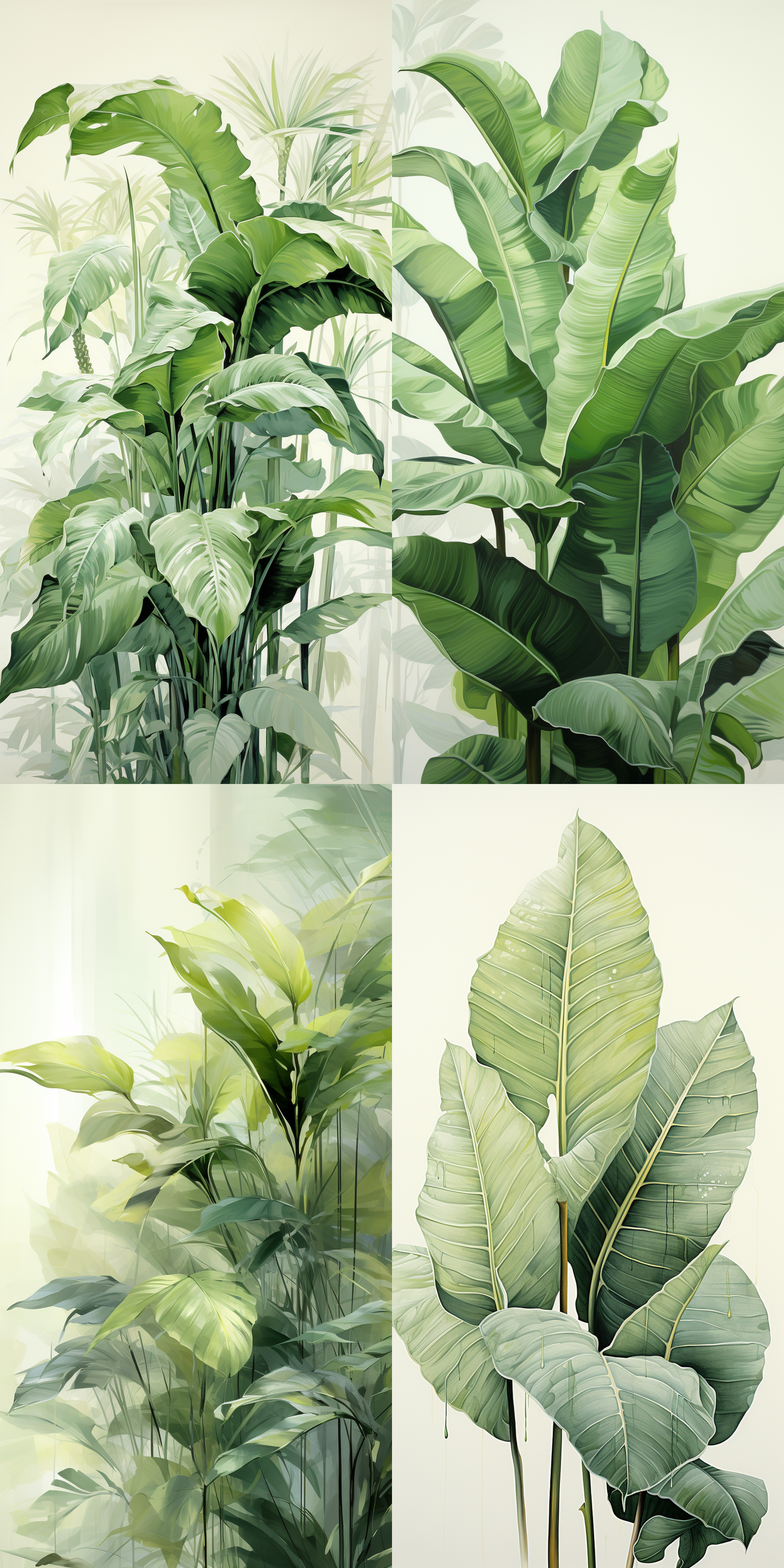 绿色的芭蕉叶，中国工笔绘描，线条锐化，插画风格，三分之二饱和构图，下部留有米色背景，两只蝈蝈，柔光，超高清8k分辨率，具有艺术美感，逼真神态。