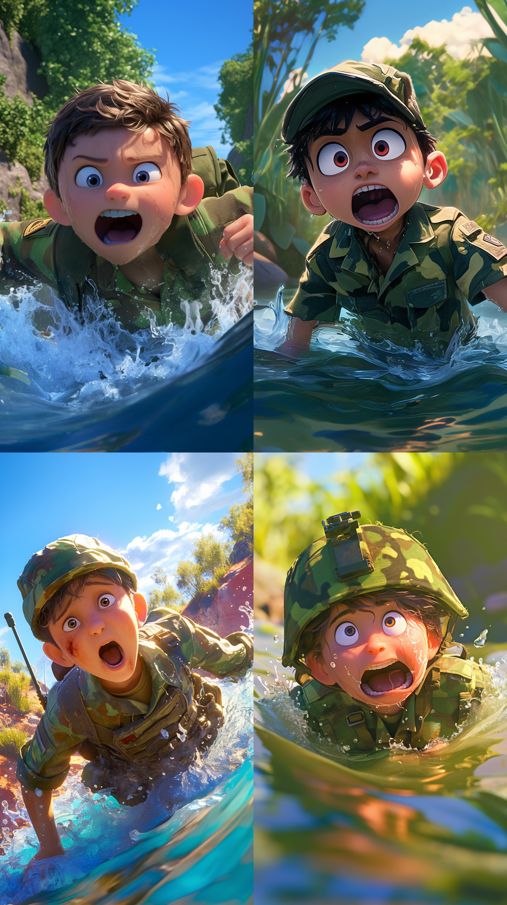 穿着迷彩服的男孩被冲到湍急的河水里，呼喊救命。特写。表情害怕，惊恐。河边背景，皮克斯动画，超真实渲染，高角度，明亮色彩，迪士尼3d卡通，阳光直射，广角镜头，动态捕捉，鲜艳色彩，和谐自然。