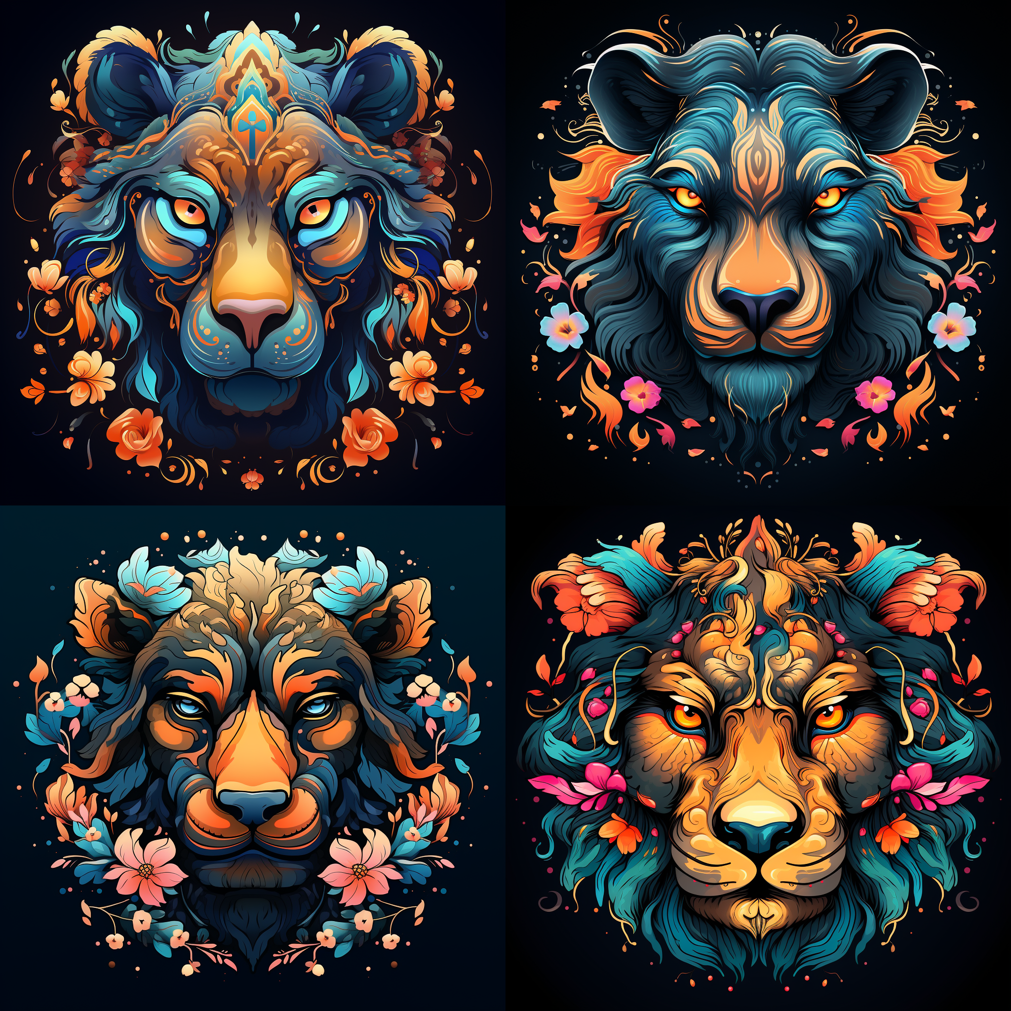 虎头，色彩鲜艳，神态逼真，线条锐化，纯黑色背景，插画风格，柔光，超高清8k分辨率，艺术美感，扁平化设计，高饱和度，细节丰富，动态感，专注表情，锐利线条，高对比度，专注眼神，动态效果。