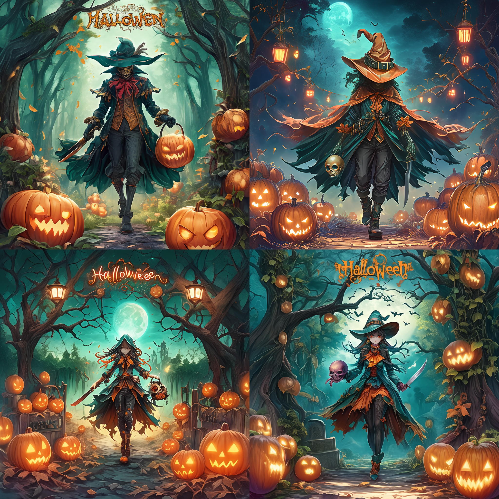 死神从绿色树林走出，手持刀，提着骷髅头，树林两侧摆放万圣节南瓜，图上方树藤缠绕万圣节英文字母，阴森氛围，暗色调，广角镜头，侧光，神秘，恐怖，森林背景，细节丰富，冷光，动态模糊，紧张感。