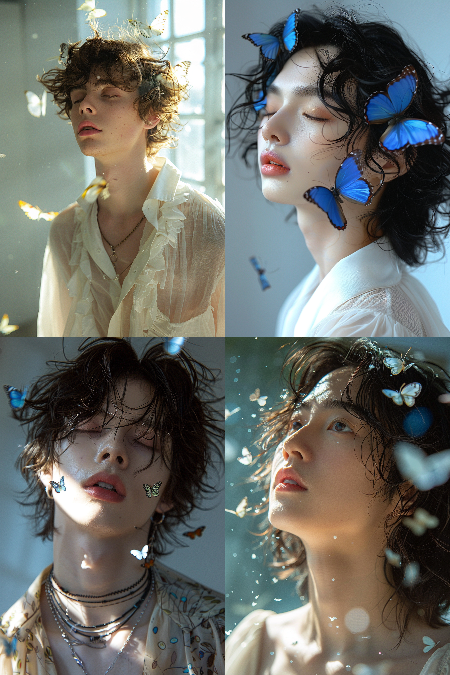 动漫男生肖像，白色调，蝴蝶飞舞，冷蓝光，闭眼，雪纺，半身像，柔和光线，冷色调，细腻皮肤，长发，室内，广角镜头，自然光，静态，梦幻，忧郁。