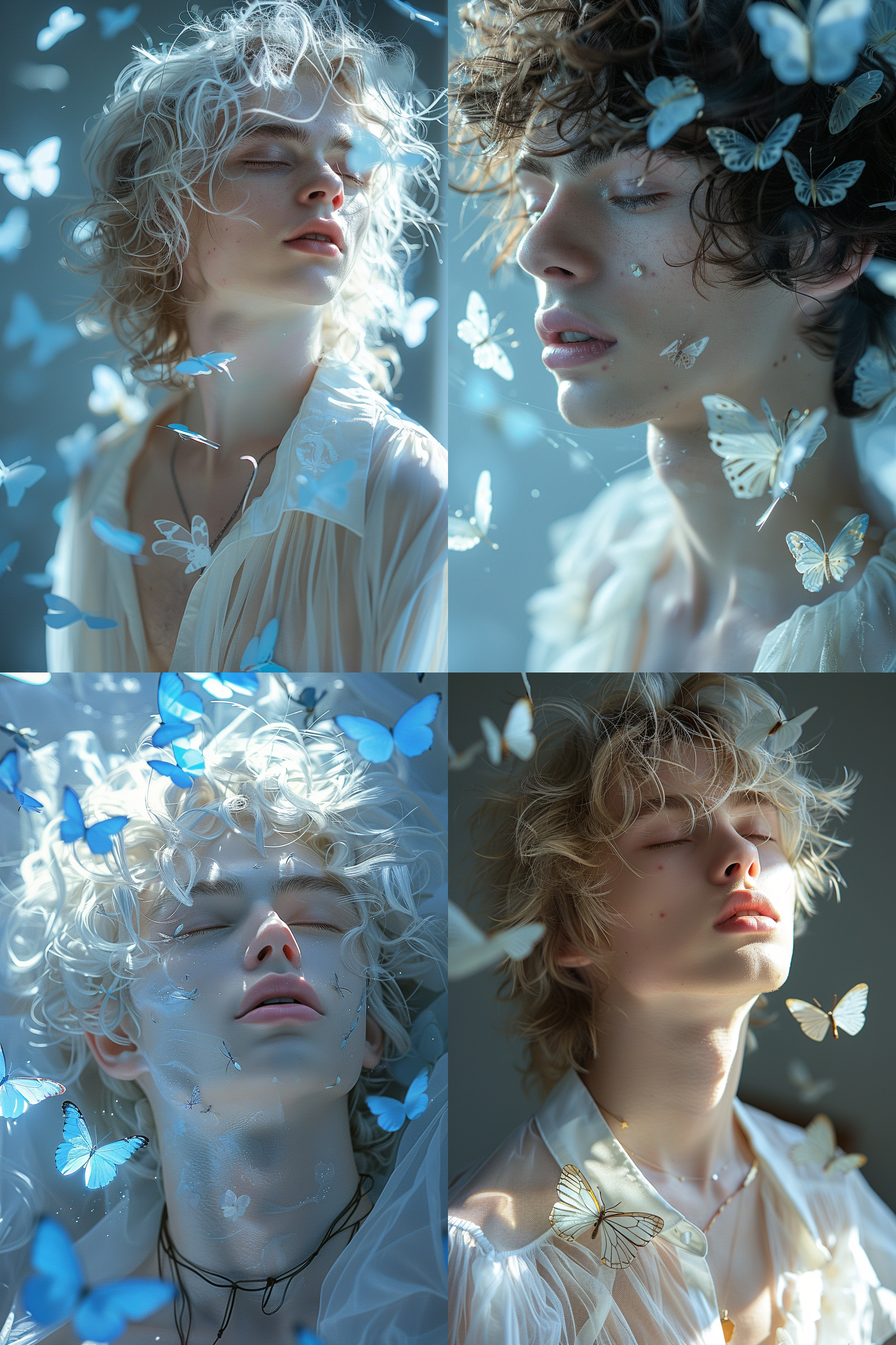 动漫男生肖像，白色调，蝴蝶飞舞，冷蓝光，闭眼，雪纺，半身像，柔和光线，冷色调，细腻皮肤，长发，室内，广角镜头，自然光，静态，梦幻，忧郁。
