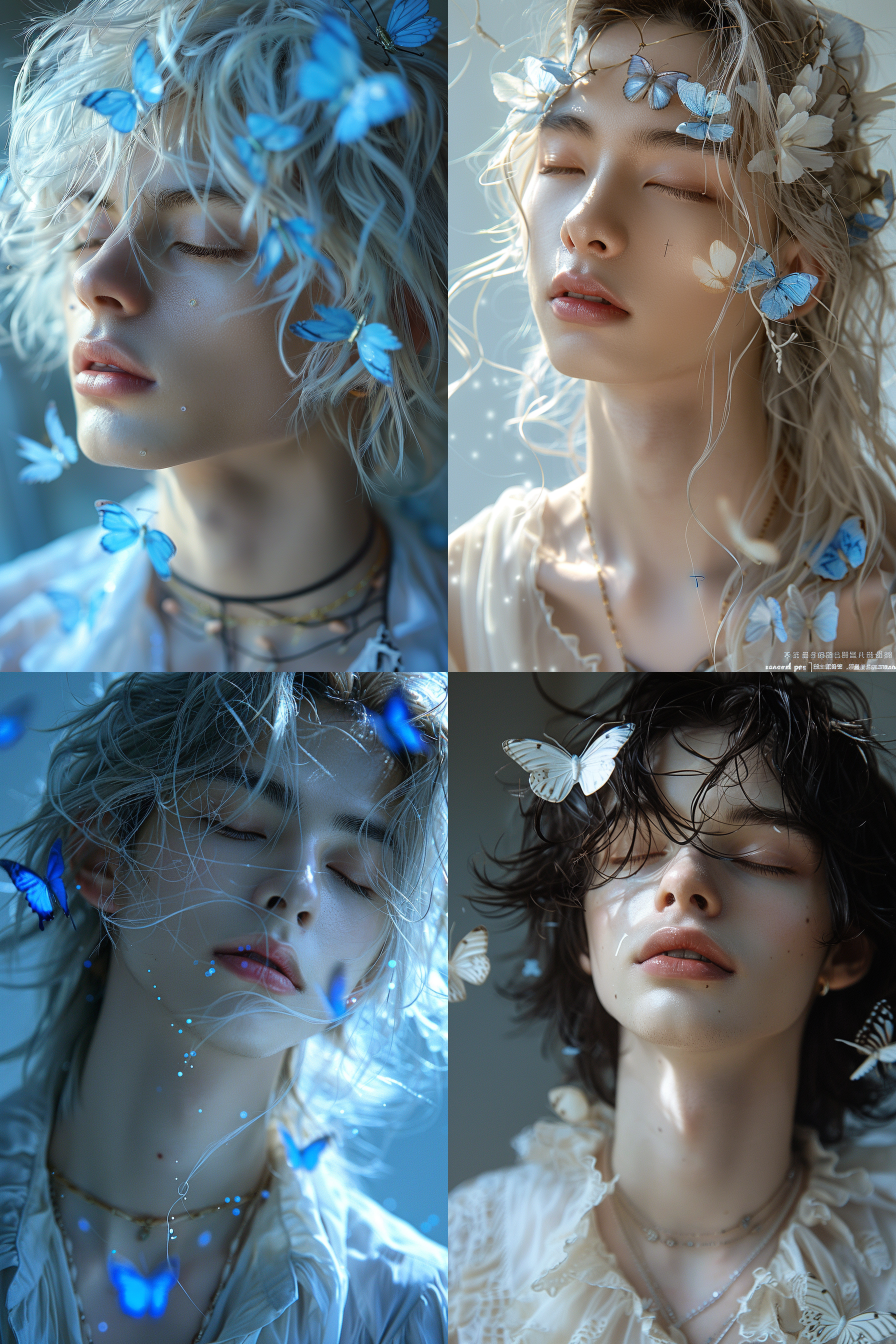 动漫男生肖像，白色调，蝴蝶飞舞，冷蓝光，闭眼，雪纺，半身像，柔和光线，冷色调，细腻皮肤，长发，室内，广角镜头，自然光，静态，梦幻，忧郁。