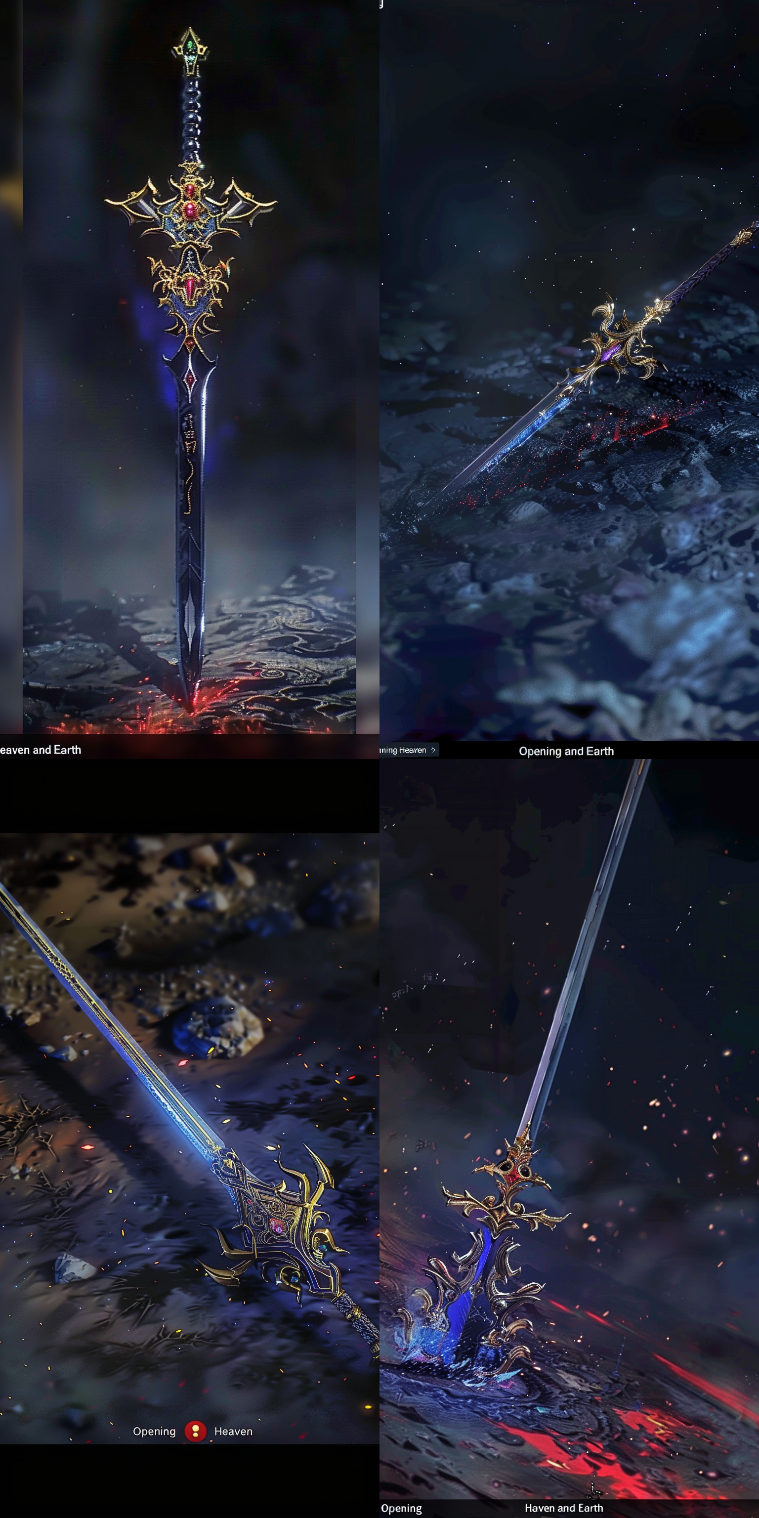 一把中国古风长枪，曲线优美，细节丰富清晰对焦，远景冷色调，静谧神秘，锋利，金边，震撼，气势磅礴，开天劈地，劈入地面，暗红色，玄幻世录，真实细节，超现实