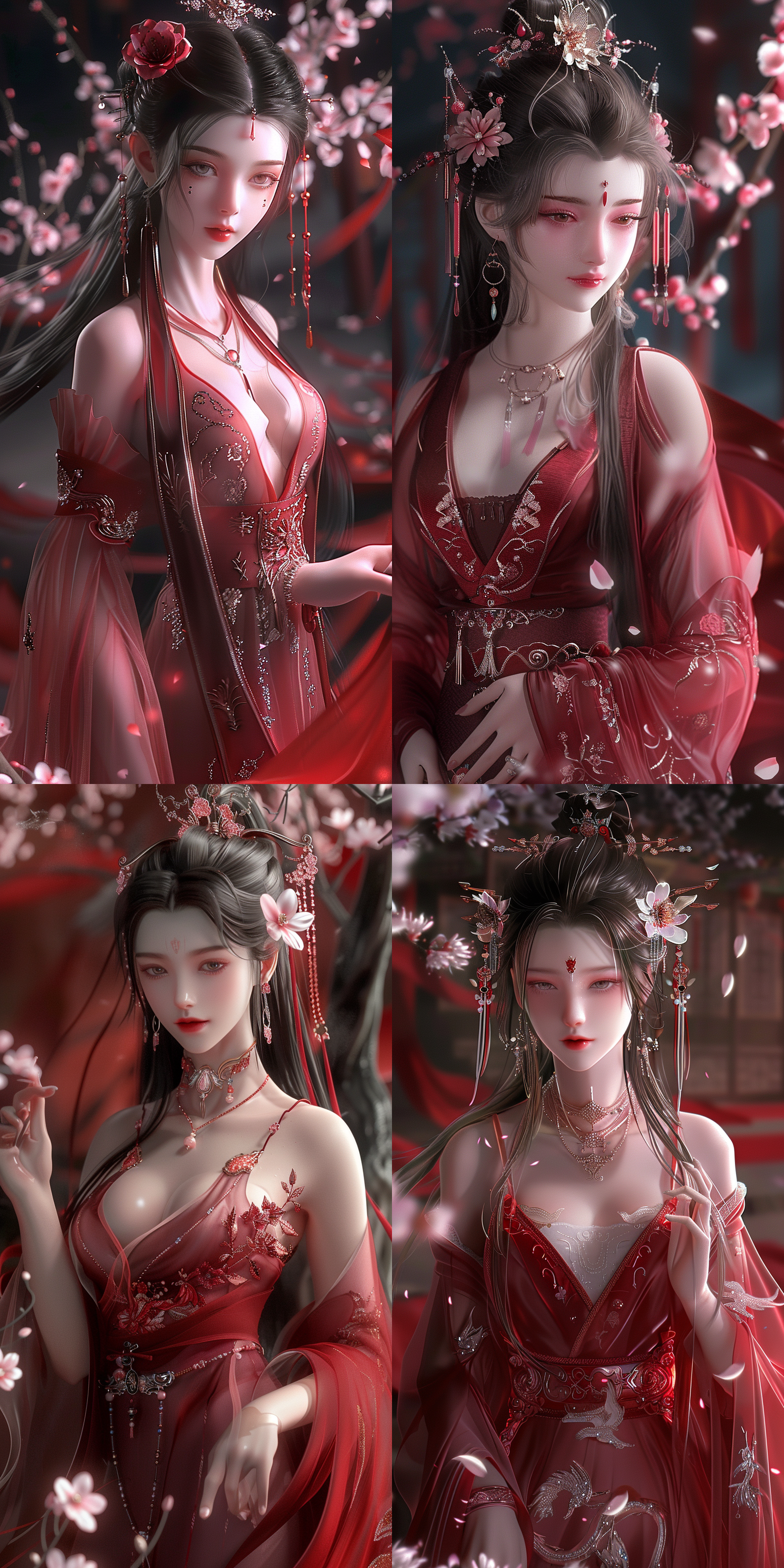 中国古典美女，丰满身材，微笑闭嘴，肤如凝脂，梅花环绕，金色宫殿，红色地毯，盘发精致，鲜艳色彩，清纯美丽，独奏姿态，珠宝点缀，花形发饰，杰作级质量，绝世容颜，色彩缤纷的纱质衣裙，细长眉毛，全身照，丹凤眼，柔和侧光，高光细节，环境光，长焦镜头，自然色彩，静态美，传统服饰，细腻肌肤，优雅姿态，古典美，柔和光线。