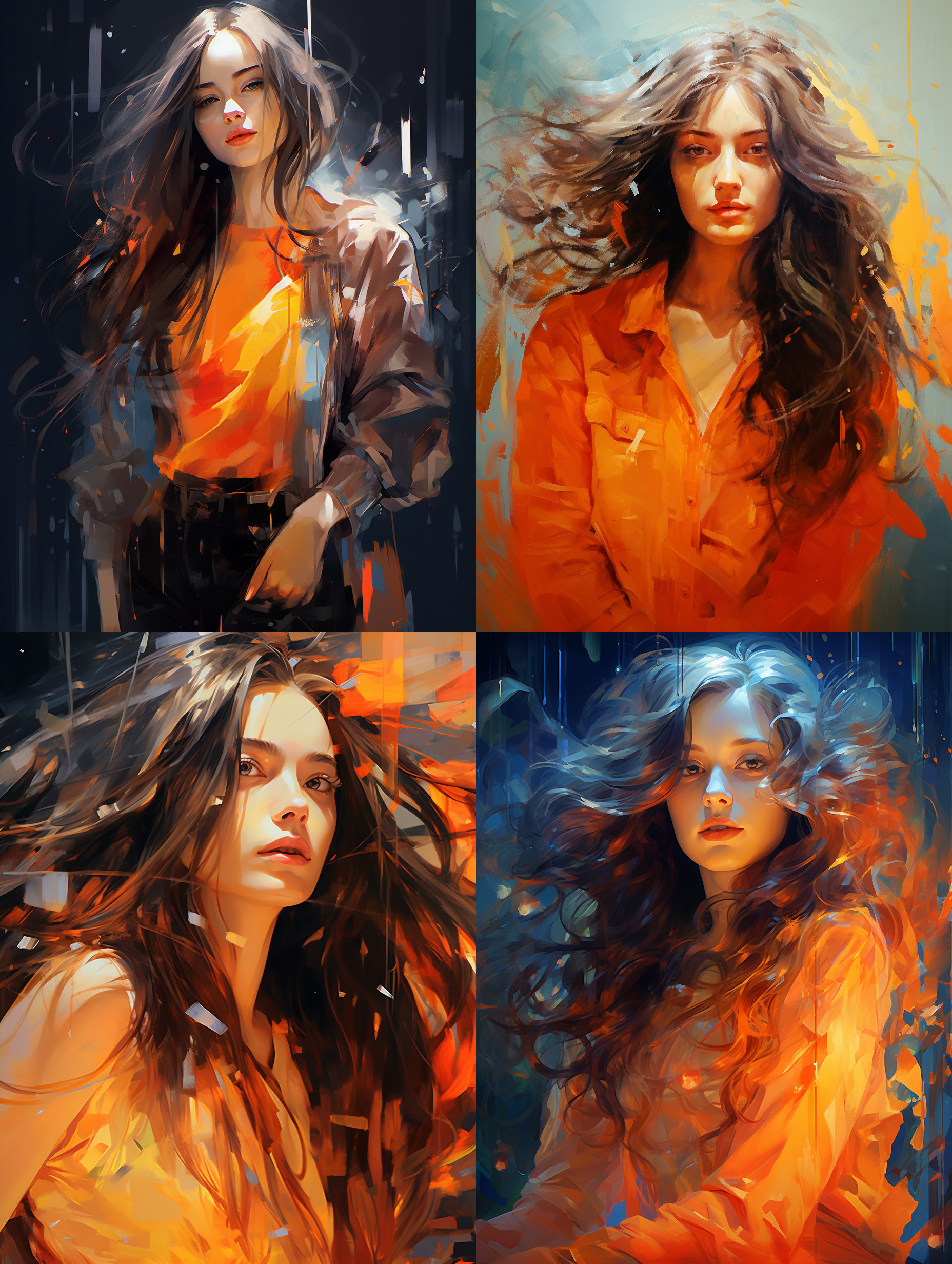 长卷发少女，半身，纯色背景，纯色背景，橙色系，凌乱发丝，晶莹透亮，闪光，水晶质感，玻璃质感，透明感，彩色高光，反光