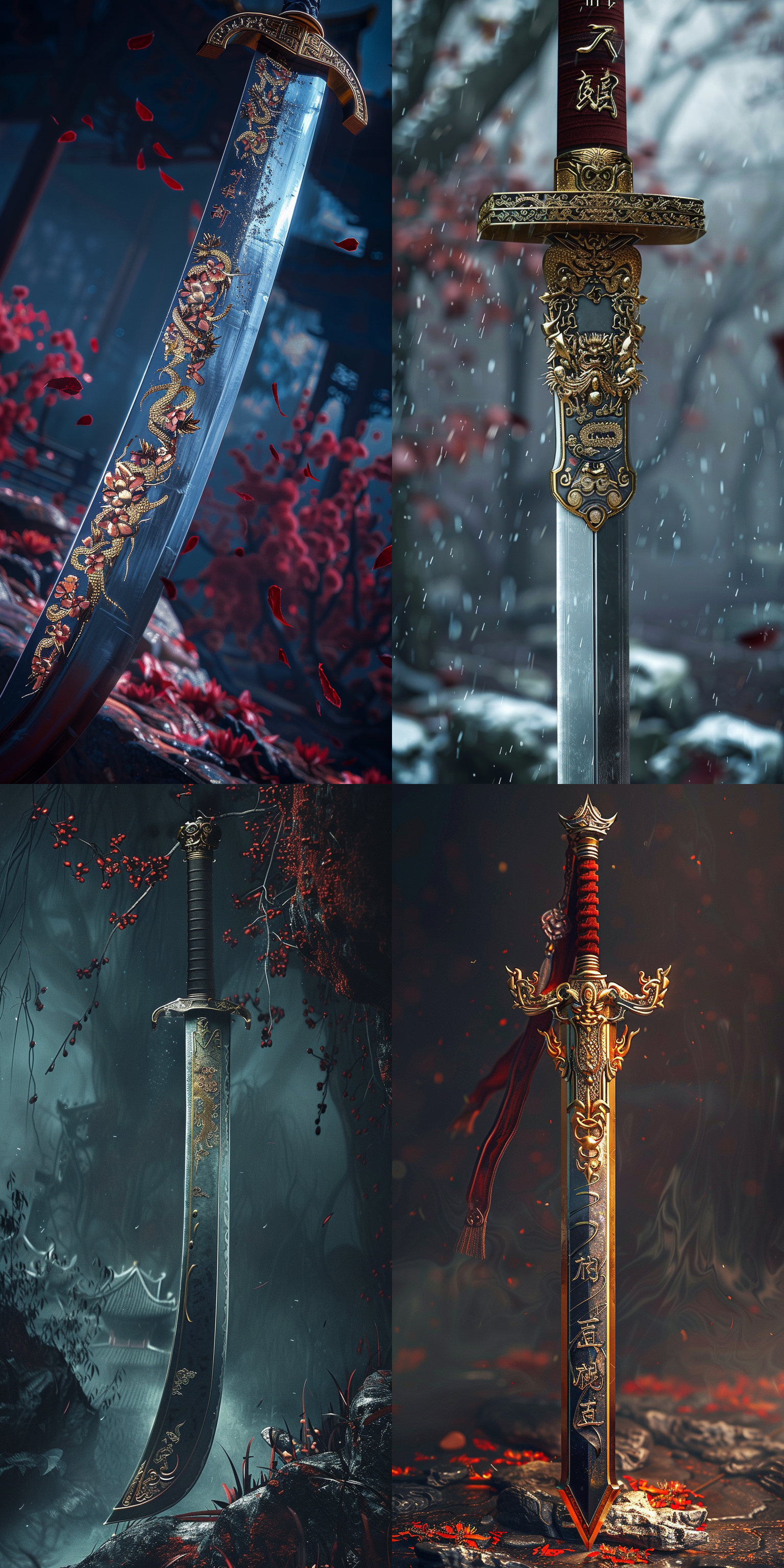一把中国古风宝剑，曲线优美，细节丰富清晰对焦，远景冷色调，静谧神秘，锋利，金边，震撼，气势磅礴，开天劈地，劈入地面，暗红色，详细细节