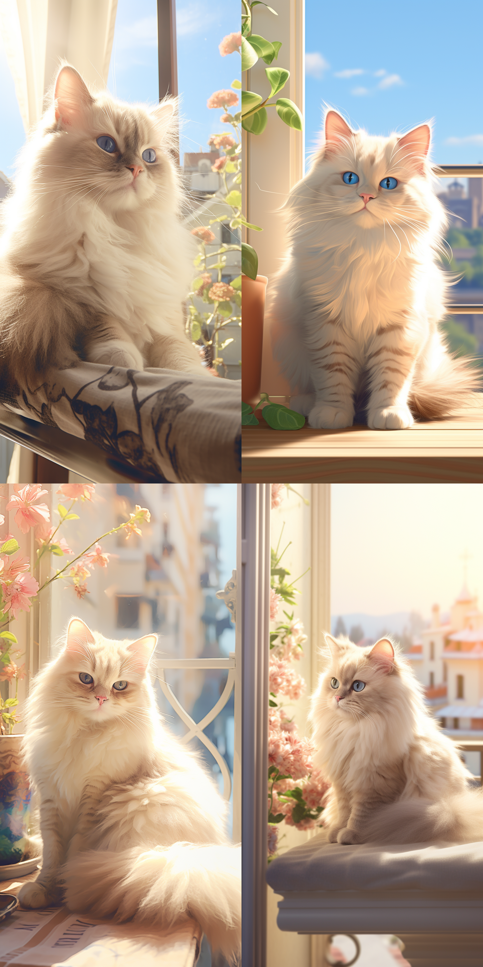 布偶猫卖萌，阳台上，晴朗天气，温暖达芬奇风格，暖浅咖啡色调，油画质感，正视图，高品质，3d渲染，柔和光线，温馨氛围，细腻毛发，明亮眼睛，可爱表情。