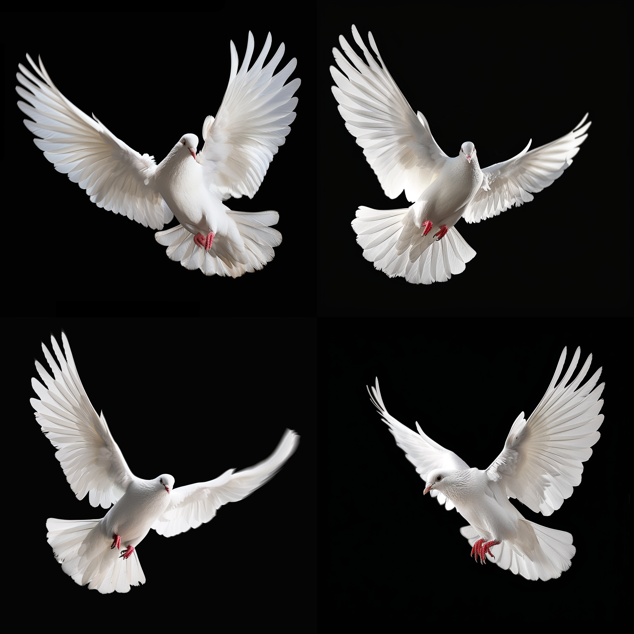 白色鸽子在黑色背景中展翅，动态捕捉，高对比度，极简风格，长焦镜头，逆光，快速快门，优雅飞翔，纯净白色，神秘感。