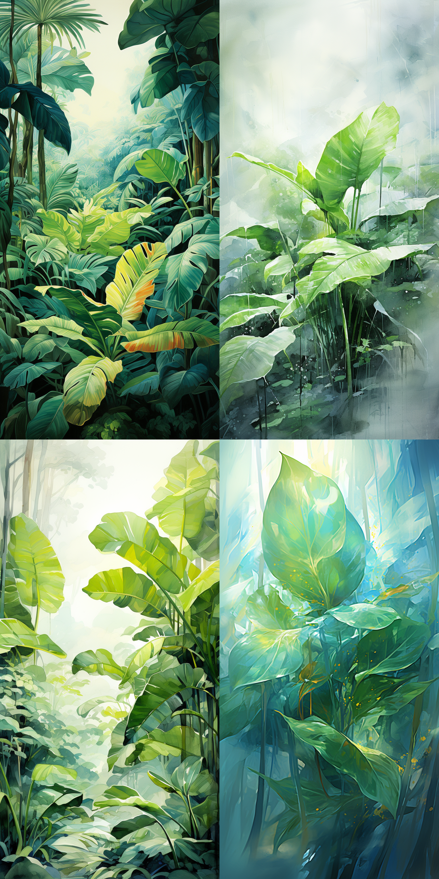 中国工笔素描，绿色大芭蕉叶，错叠平铺，蝈蝈打斗，插画风格，超高清8k，空灵美感，艺术性，细节清晰，画面上方，下方动态，自然光，柔和色调，细腻笔触，静谧氛围，生命力，对比鲜明。