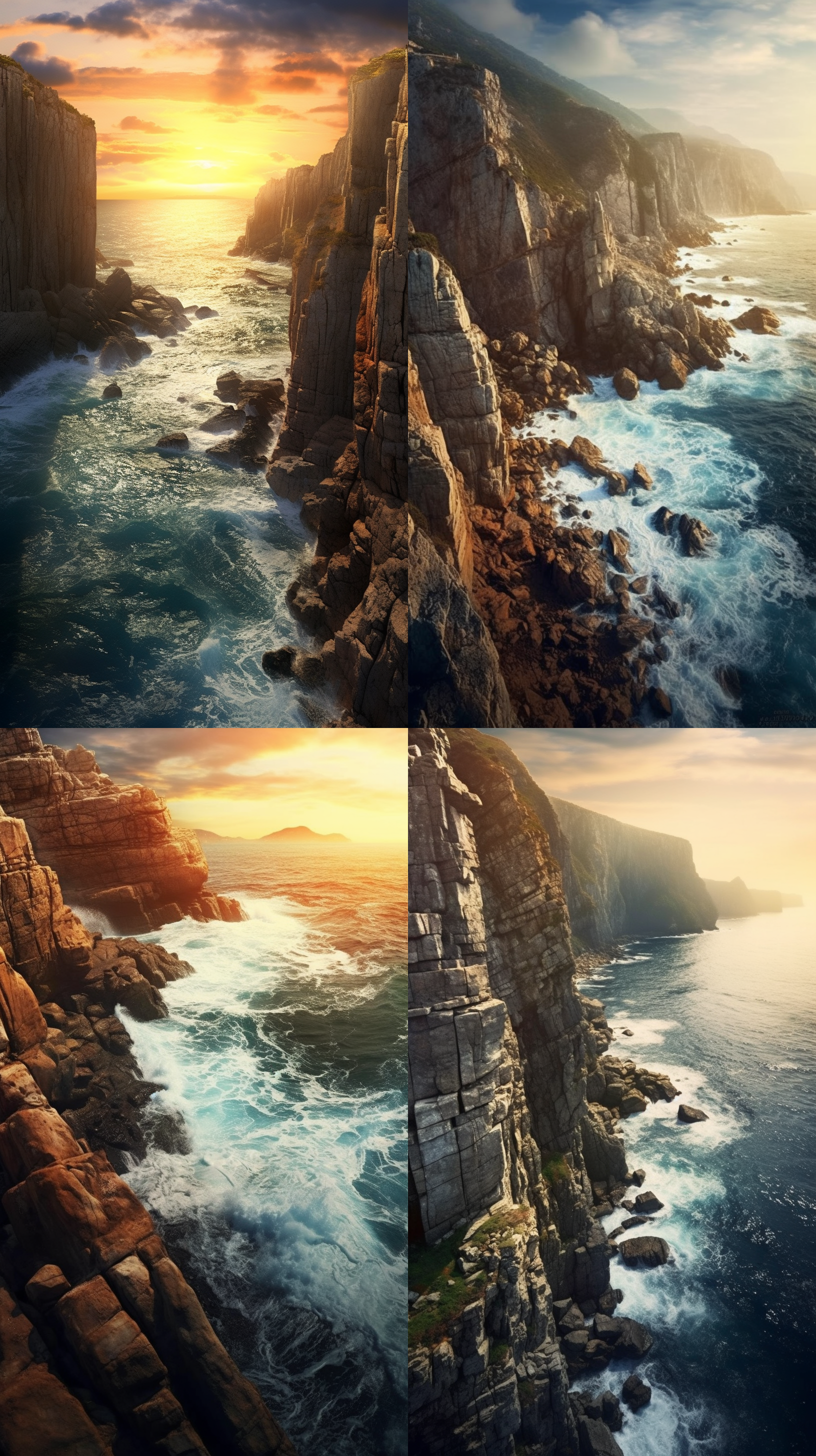 海与山崖风景壁纸，广角视野，高清细节，悬崖峭壁，波涛汹涌，自然风光，宽广视角，深蓝色调，晨曦或黄昏，柔和光线，宁静与壮丽并存。