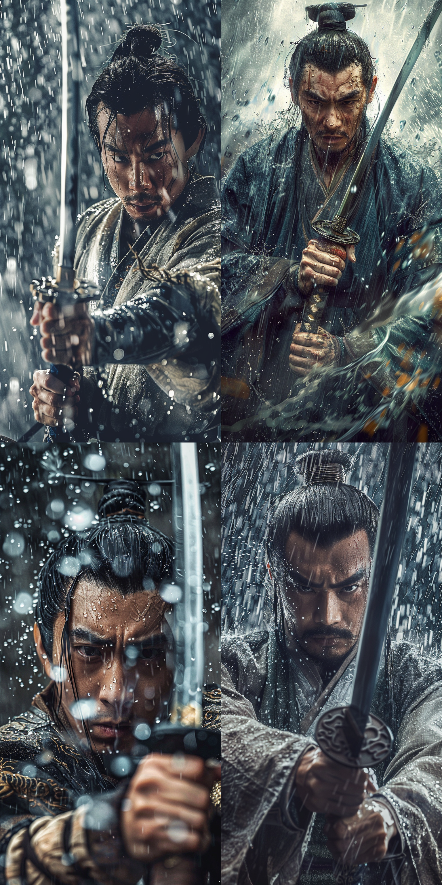 大雨倾盆，唐朝武士，双手握弯刀，目光坚毅冷峻，视死如归，冷色调，逆光，全身像，历史风格，雨滴效果，动态模糊，广角镜头，低角度，阴天，金属质感，水花飞溅，决心，勇气。